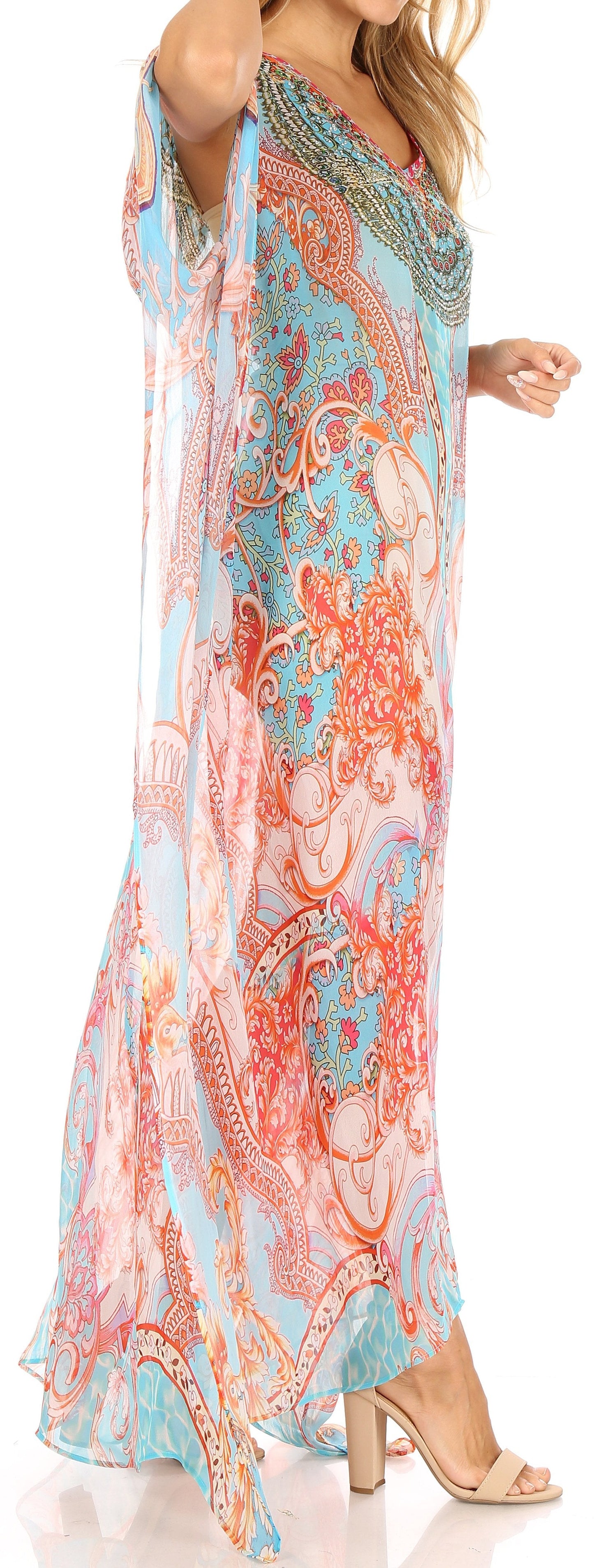 Sakkas Wilder Printed Design Long Sheer Rhinestone Caftan Dress / Cover Up - Concordia Style Boutique
