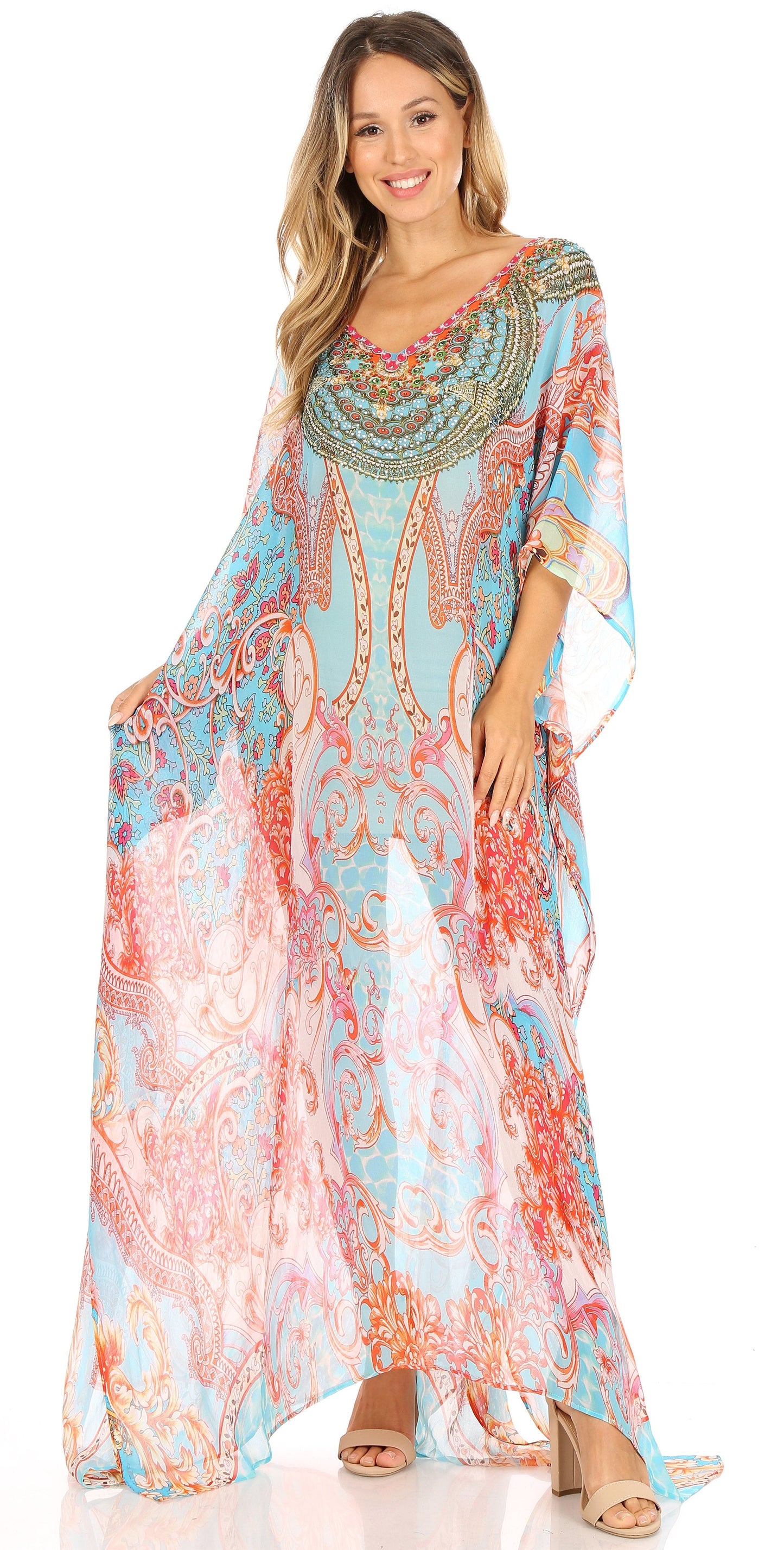 Sakkas Wilder Printed Design Long Sheer Rhinestone Caftan Dress / Cover Up - Concordia Style Boutique