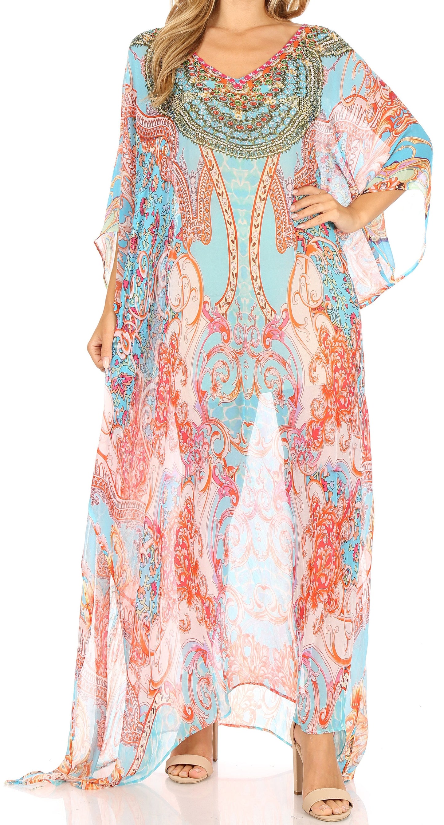 Sakkas Wilder Printed Design Long Sheer Rhinestone Caftan Dress / Cover Up - Concordia Style Boutique