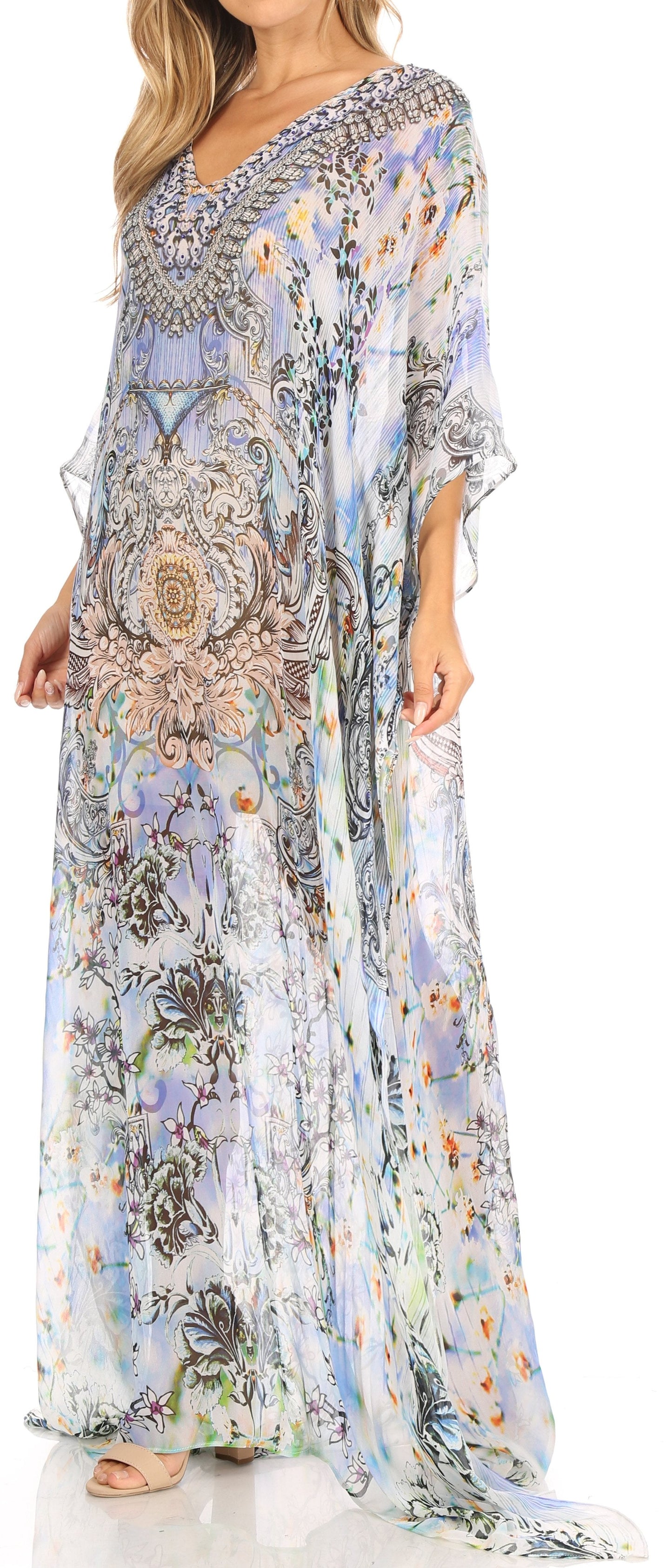 Sakkas Wilder Printed Design Long Sheer Rhinestone Caftan Dress / Cover Up - Concordia Style Boutique