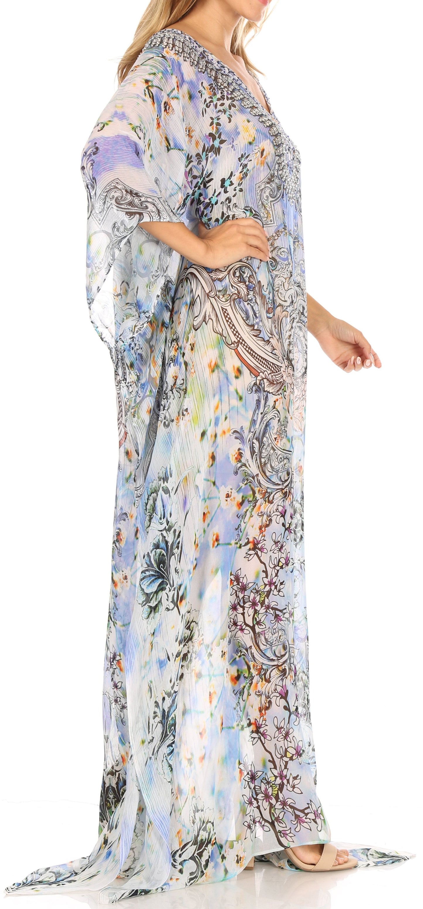Sakkas Wilder Printed Design Long Sheer Rhinestone Caftan Dress / Cover Up - Concordia Style Boutique