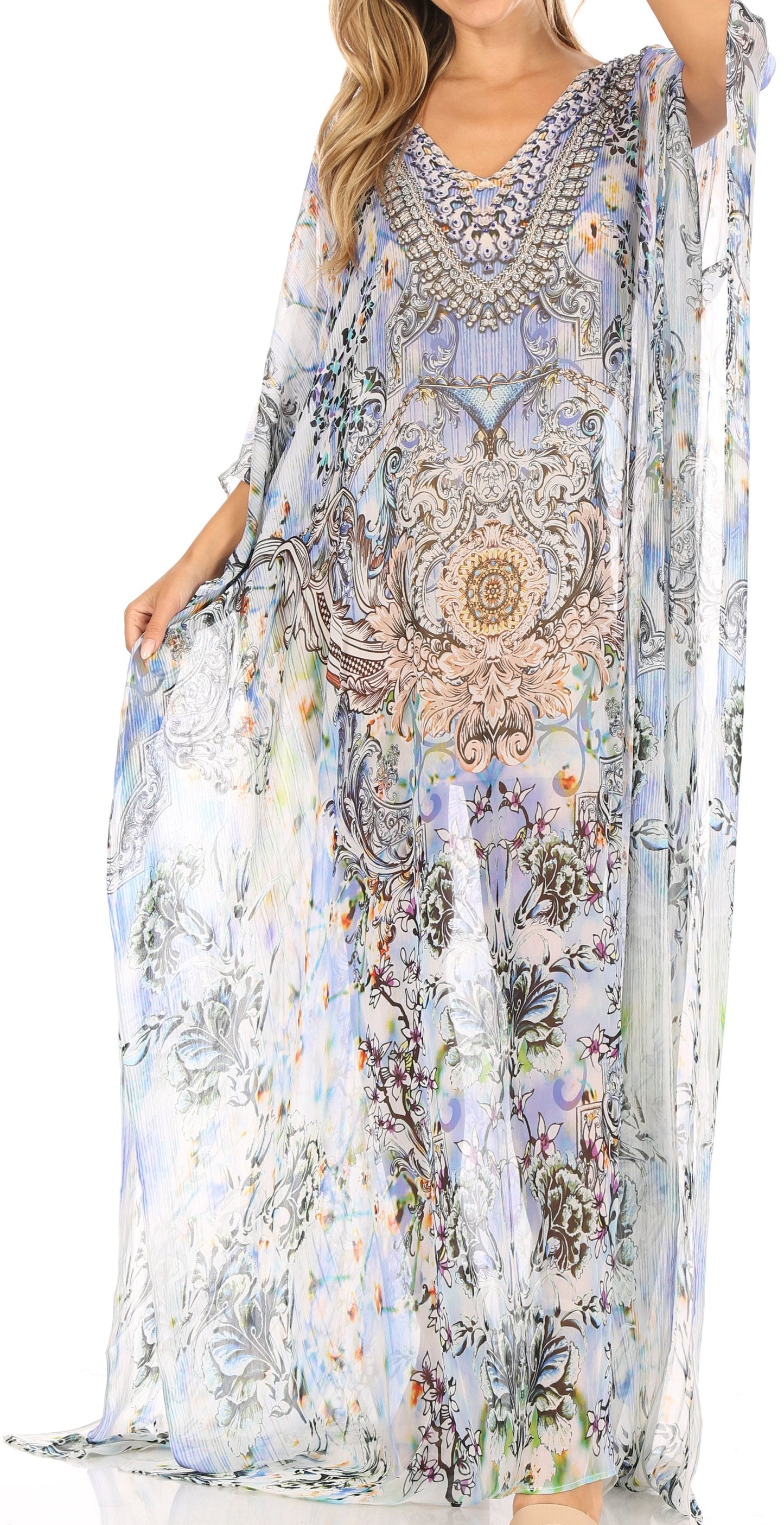 Sakkas Wilder Printed Design Long Sheer Rhinestone Caftan Dress / Cover Up - Concordia Style Boutique