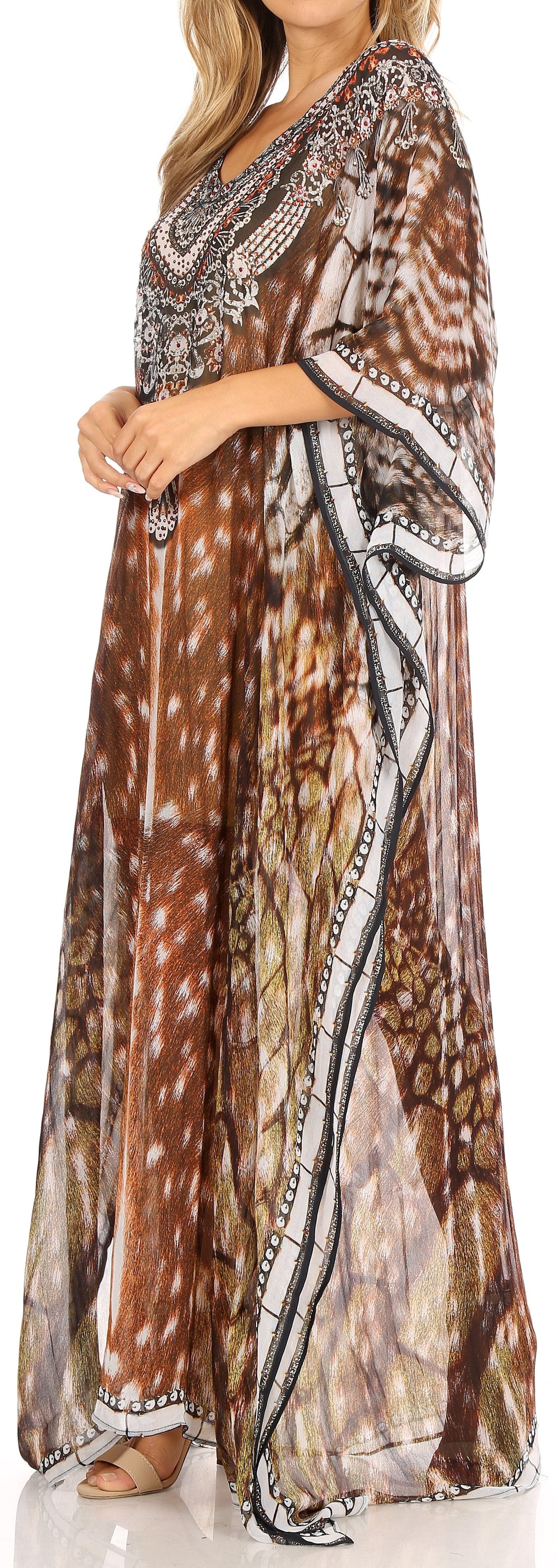 Sakkas Wilder Printed Design Long Sheer Rhinestone Caftan Dress / Cover Up - Concordia Style Boutique
