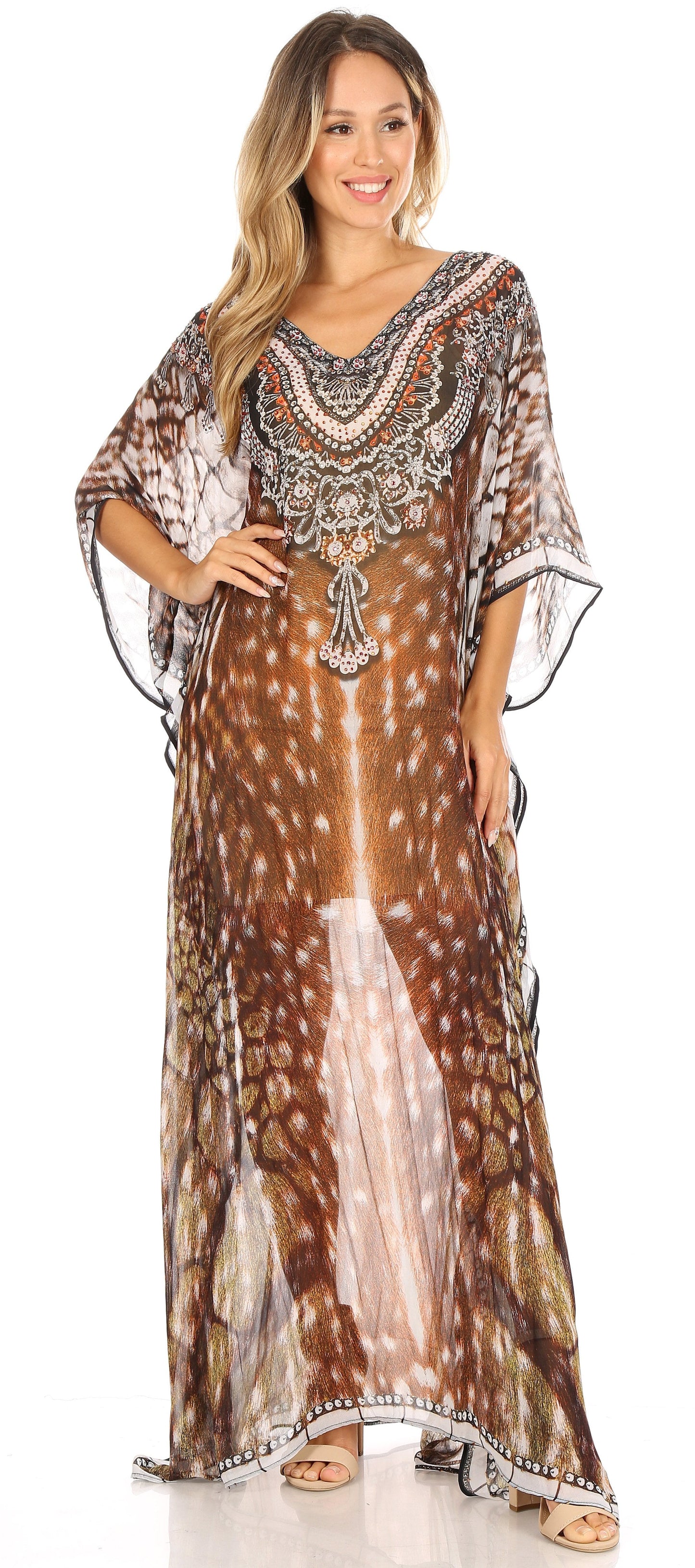 Sakkas Wilder Printed Design Long Sheer Rhinestone Caftan Dress / Cover Up - Concordia Style Boutique