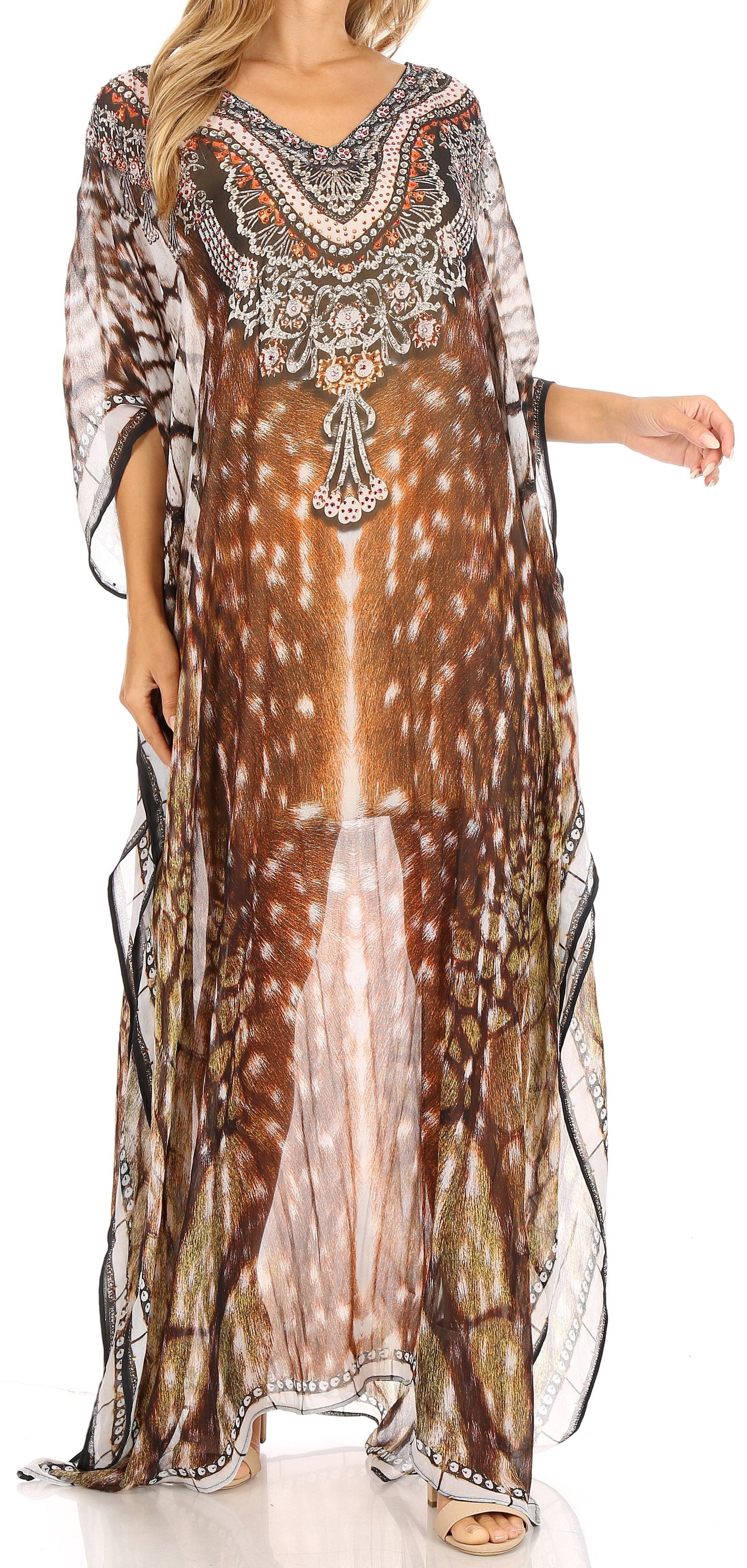 Sakkas Wilder Printed Design Long Sheer Rhinestone Caftan Dress / Cover Up - Concordia Style Boutique