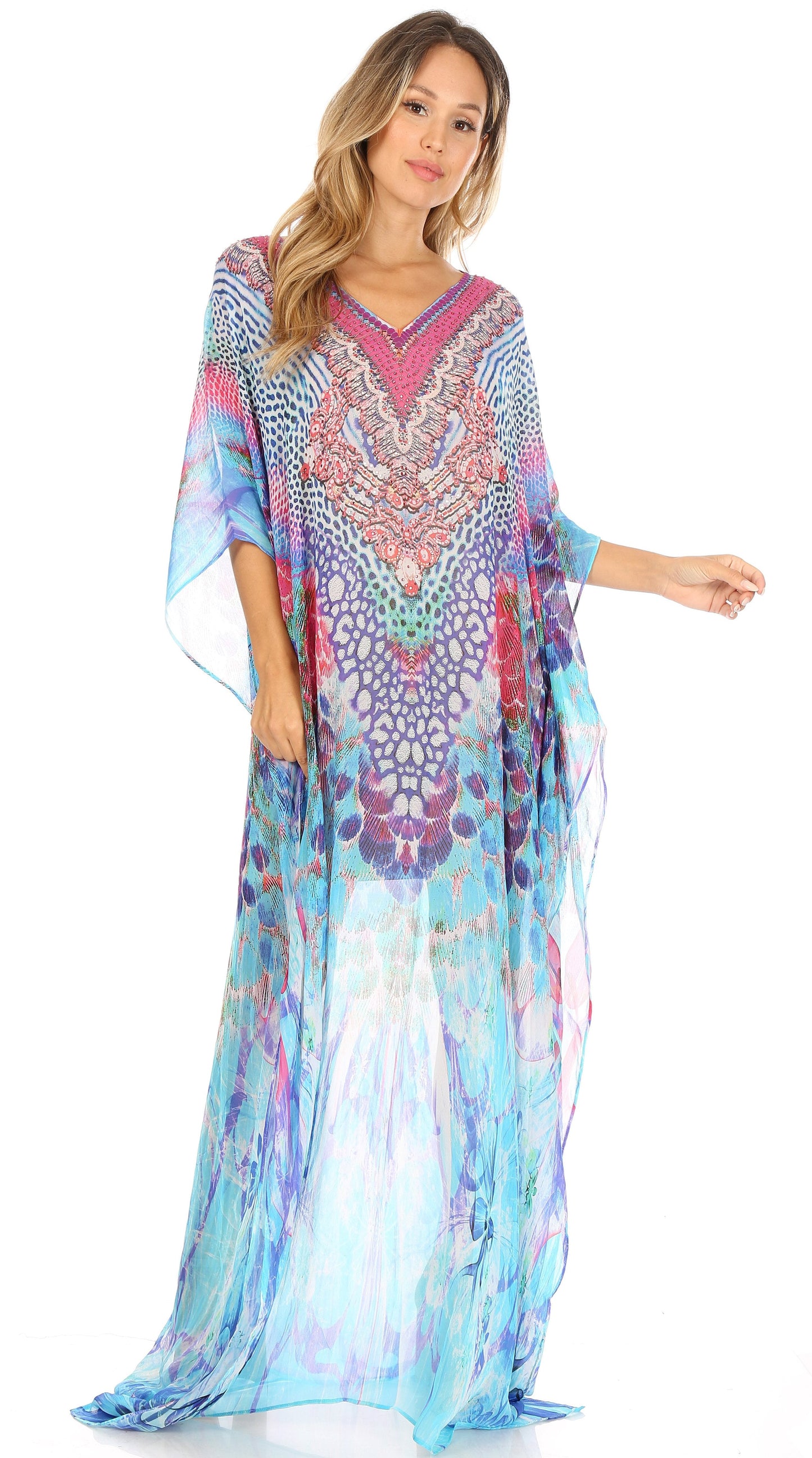Sakkas Wilder Printed Design Long Sheer Rhinestone Caftan Dress / Cover Up - Concordia Style Boutique