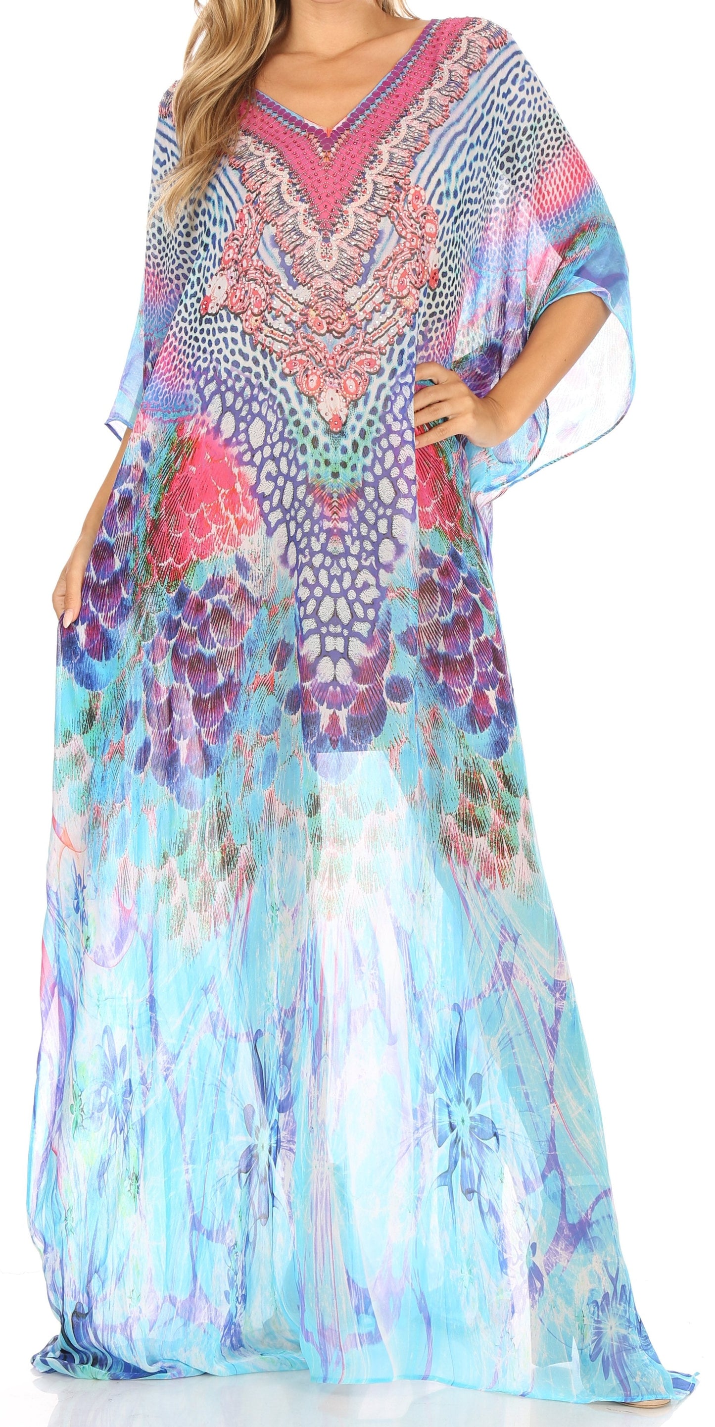 Sakkas Wilder Printed Design Long Sheer Rhinestone Caftan Dress / Cover Up - Concordia Style Boutique