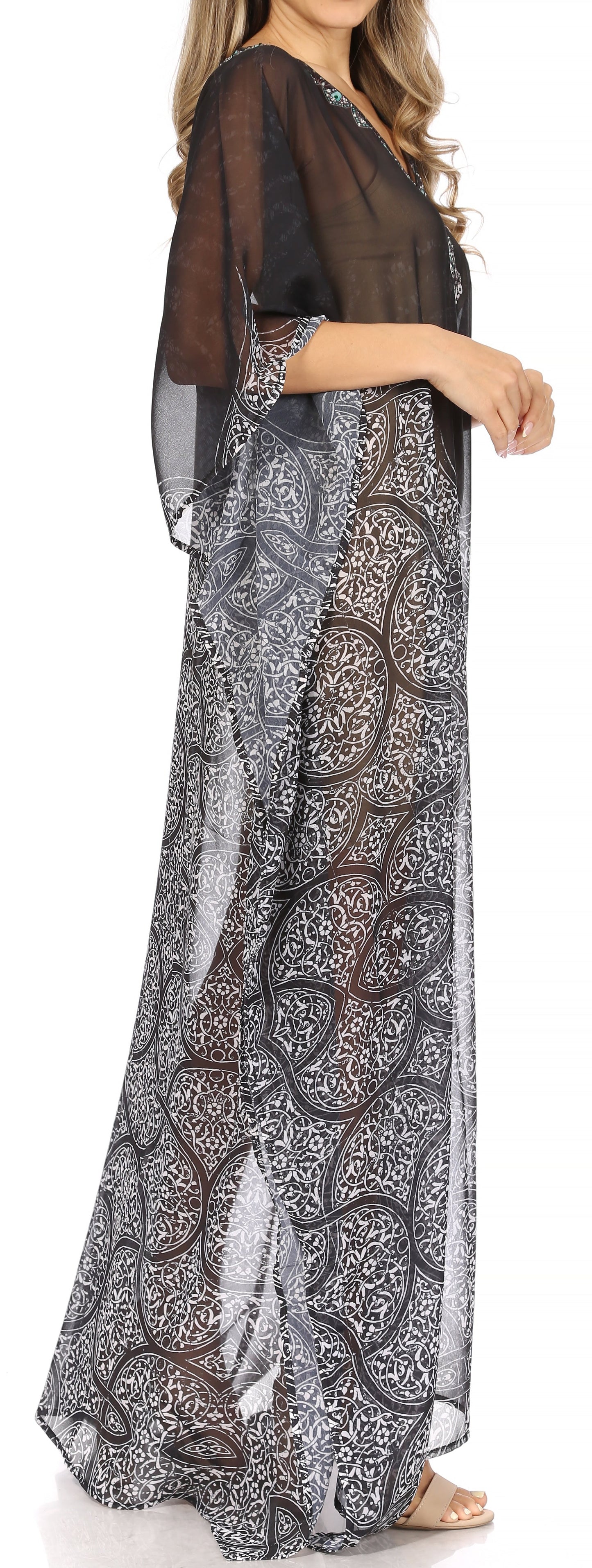 Sakkas Wilder Printed Design Long Sheer Rhinestone Caftan Dress / Cover Up - Concordia Style Boutique