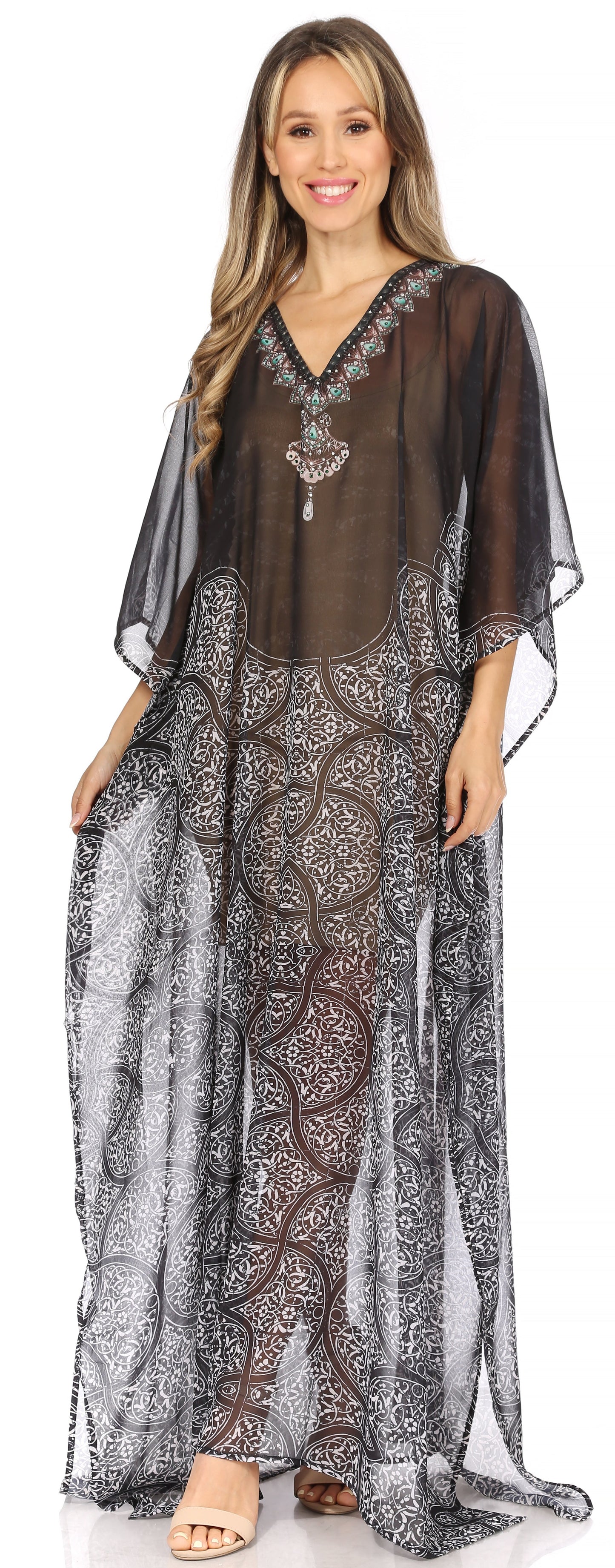 Sakkas Wilder Printed Design Long Sheer Rhinestone Caftan Dress / Cover Up - Concordia Style Boutique