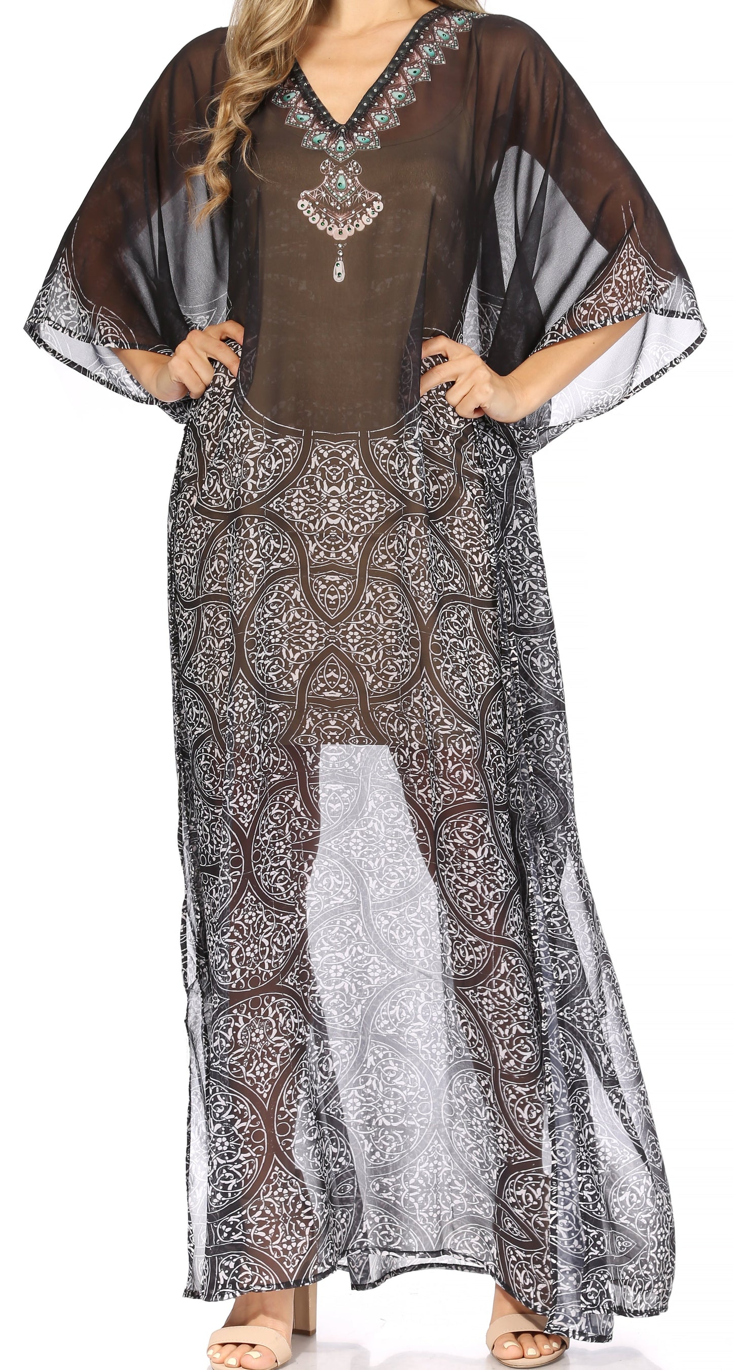 Sakkas Wilder Printed Design Long Sheer Rhinestone Caftan Dress / Cover Up - Concordia Style Boutique
