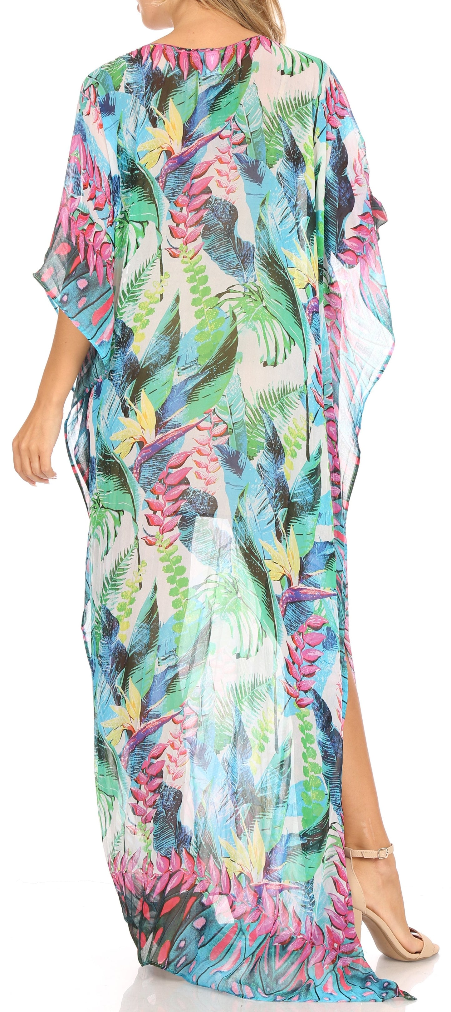 Sakkas Wilder Printed Design Long Sheer Rhinestone Caftan Dress / Cover Up - Concordia Style Boutique