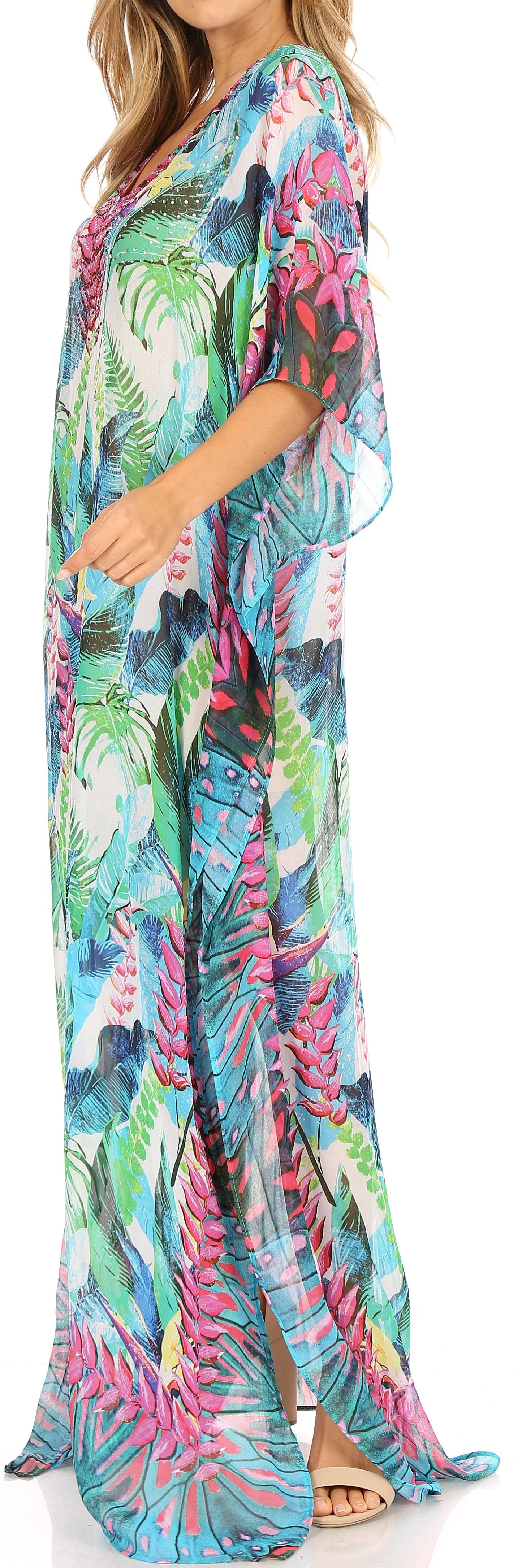 Sakkas Wilder Printed Design Long Sheer Rhinestone Caftan Dress / Cover Up - Concordia Style Boutique