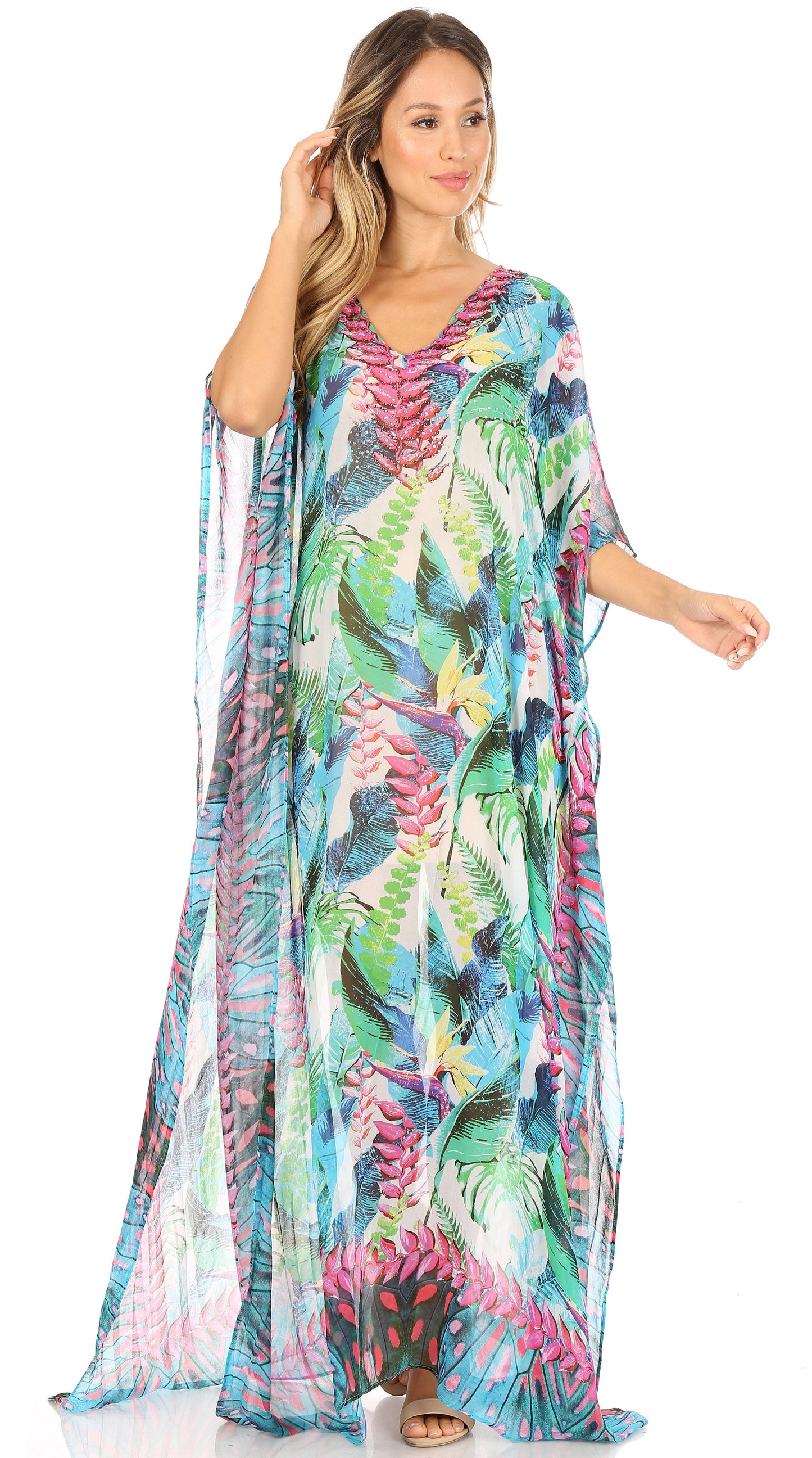 Sakkas Wilder Printed Design Long Sheer Rhinestone Caftan Dress / Cover Up - Concordia Style Boutique