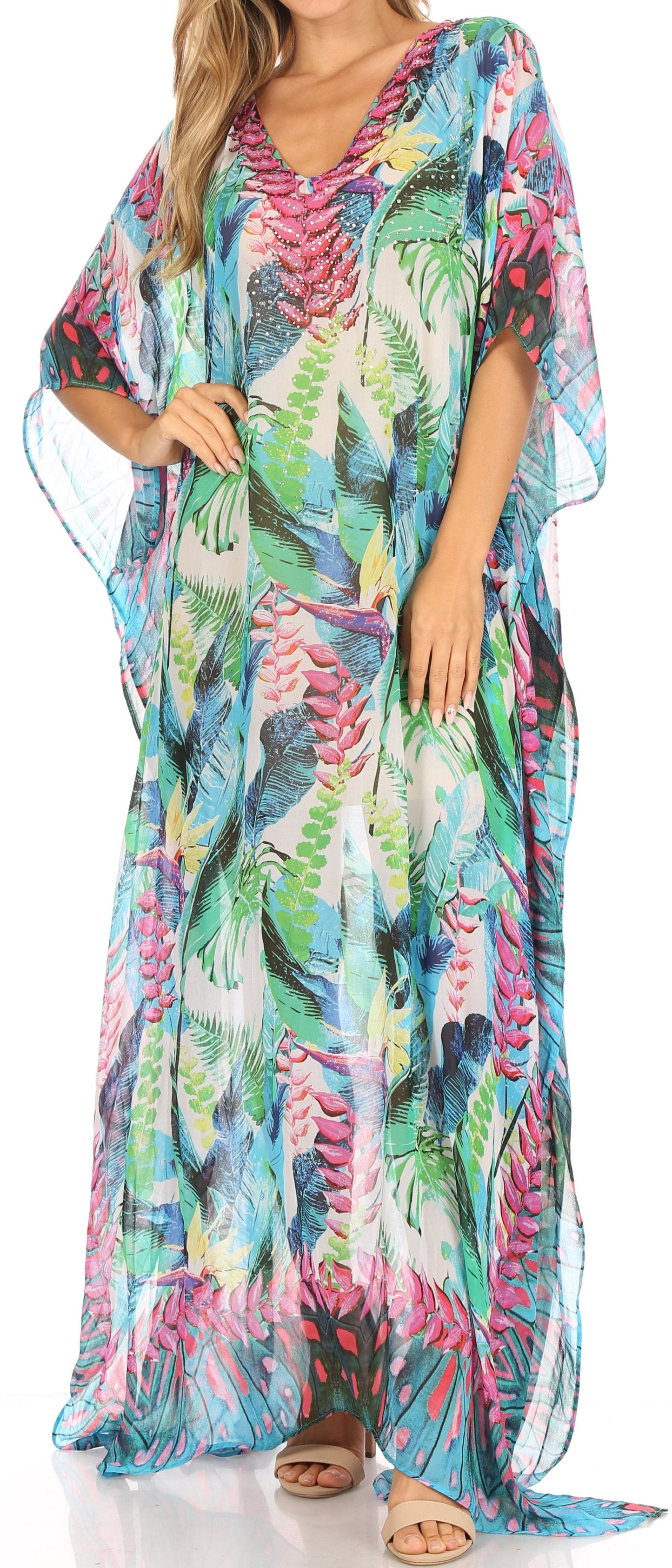 Sakkas Wilder Printed Design Long Sheer Rhinestone Caftan Dress / Cover Up - Concordia Style Boutique