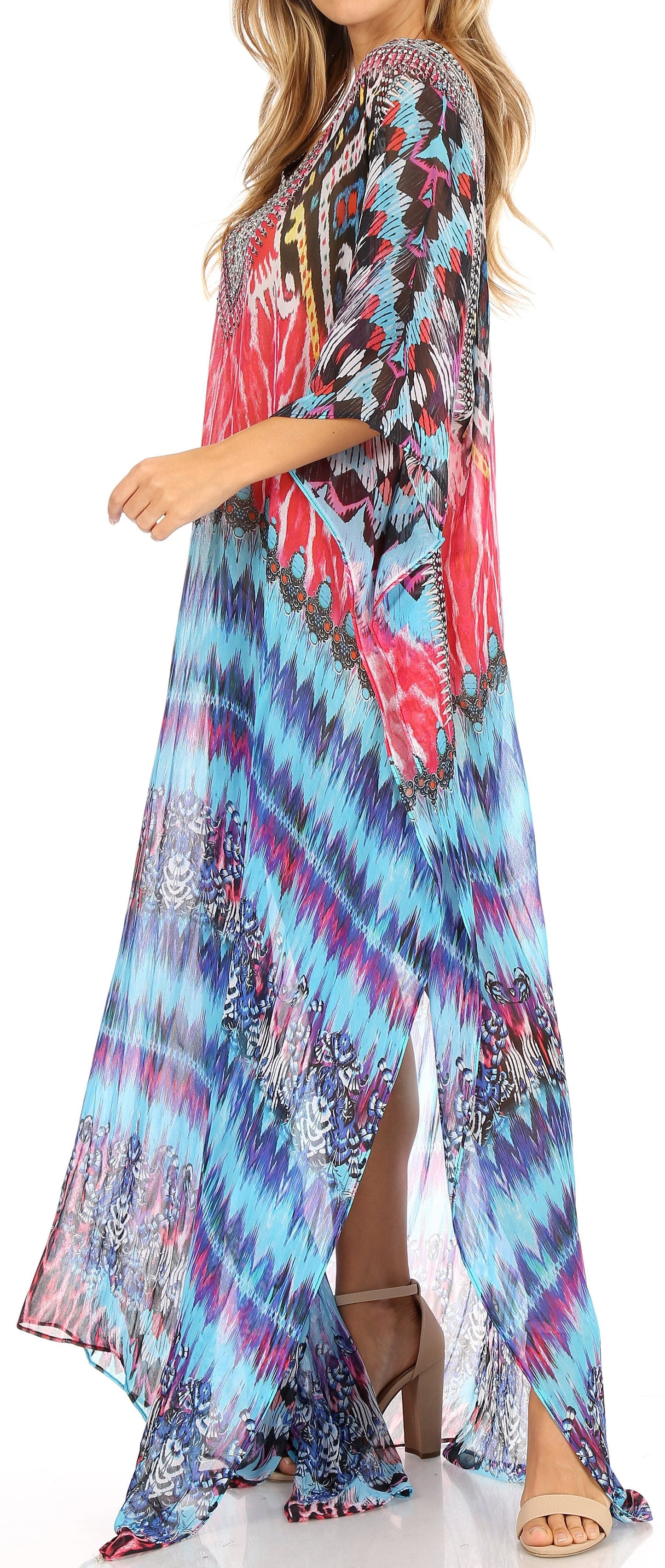 Sakkas Wilder Printed Design Long Sheer Rhinestone Caftan Dress / Cover Up - Concordia Style Boutique
