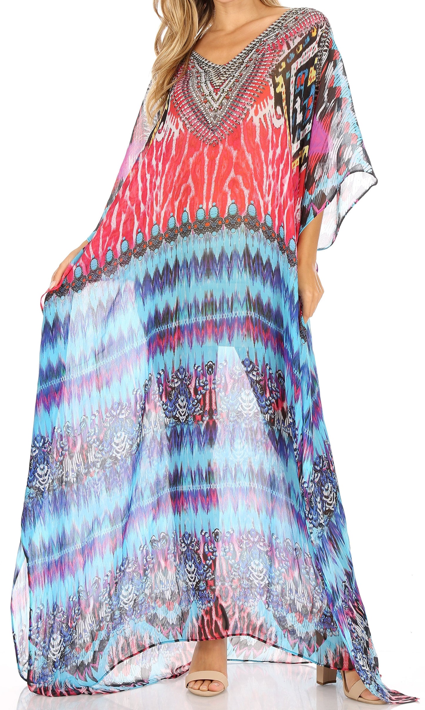Sakkas Wilder Printed Design Long Sheer Rhinestone Caftan Dress / Cover Up - Concordia Style Boutique
