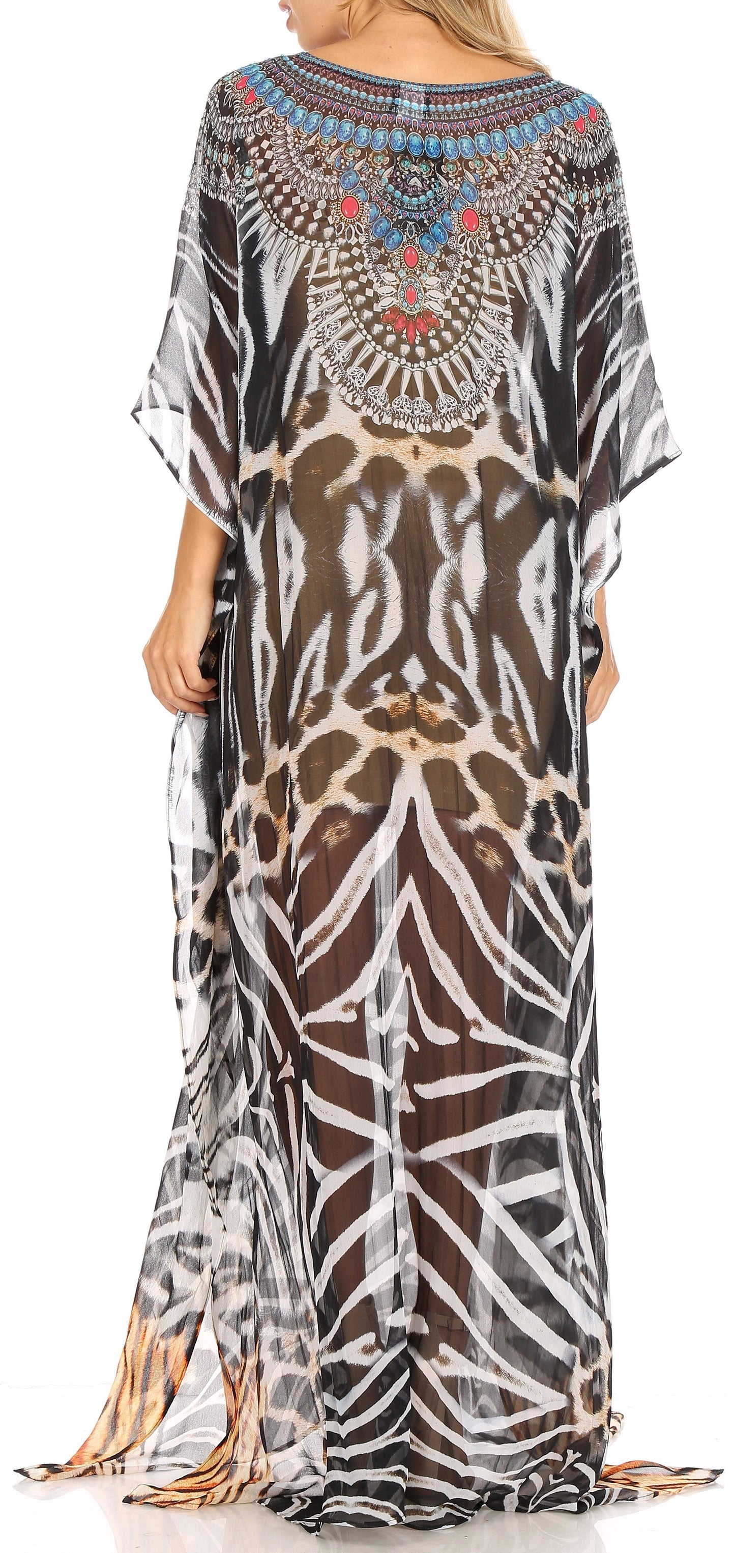 Sakkas Wilder Printed Design Long Sheer Rhinestone Caftan Dress / Cover Up - Concordia Style Boutique