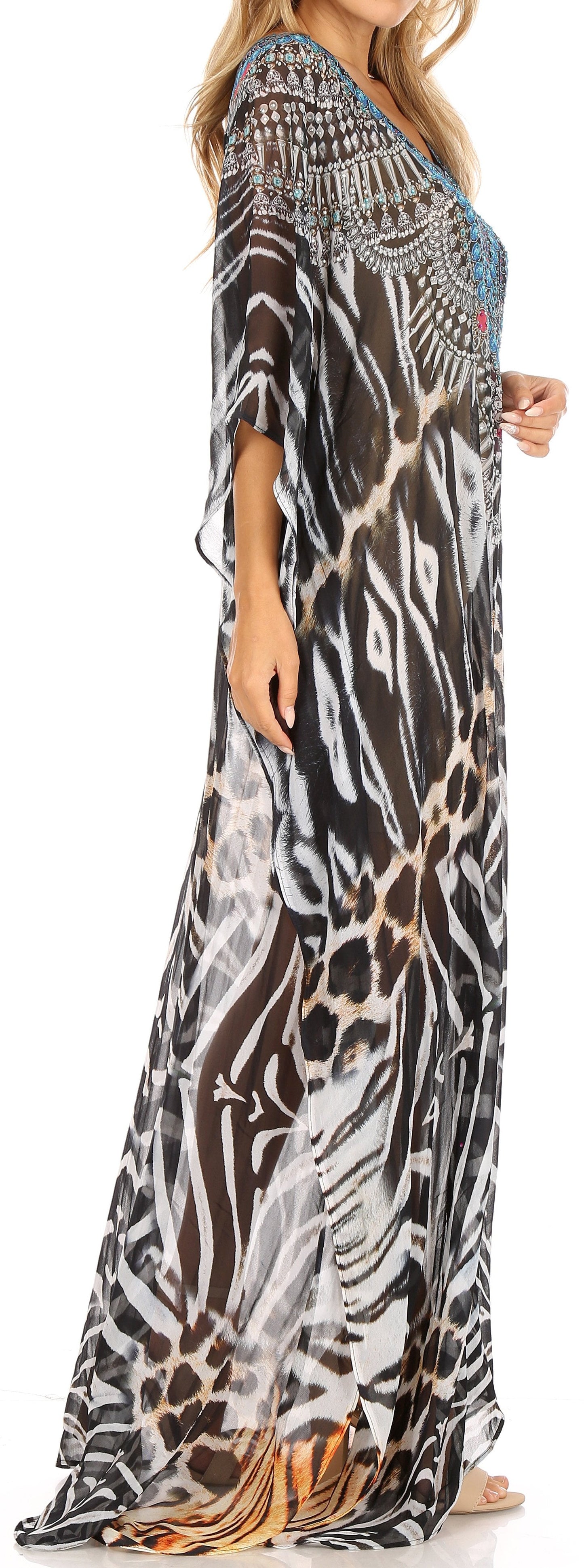 Sakkas Wilder Printed Design Long Sheer Rhinestone Caftan Dress / Cover Up - Concordia Style Boutique