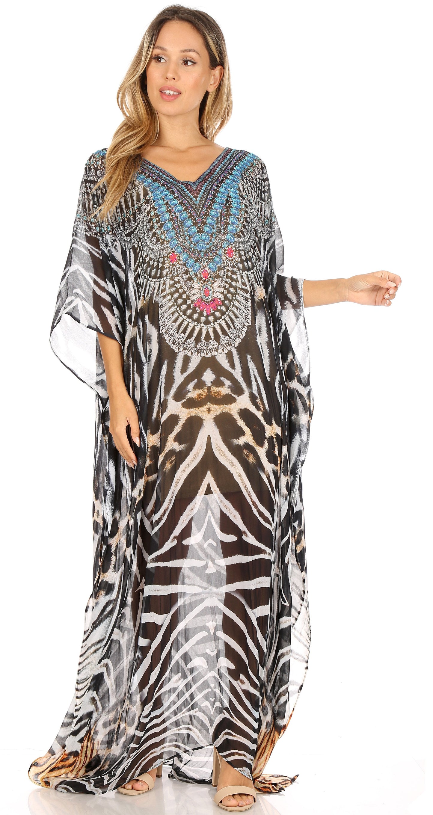 Sakkas Wilder Printed Design Long Sheer Rhinestone Caftan Dress / Cover Up - Concordia Style Boutique