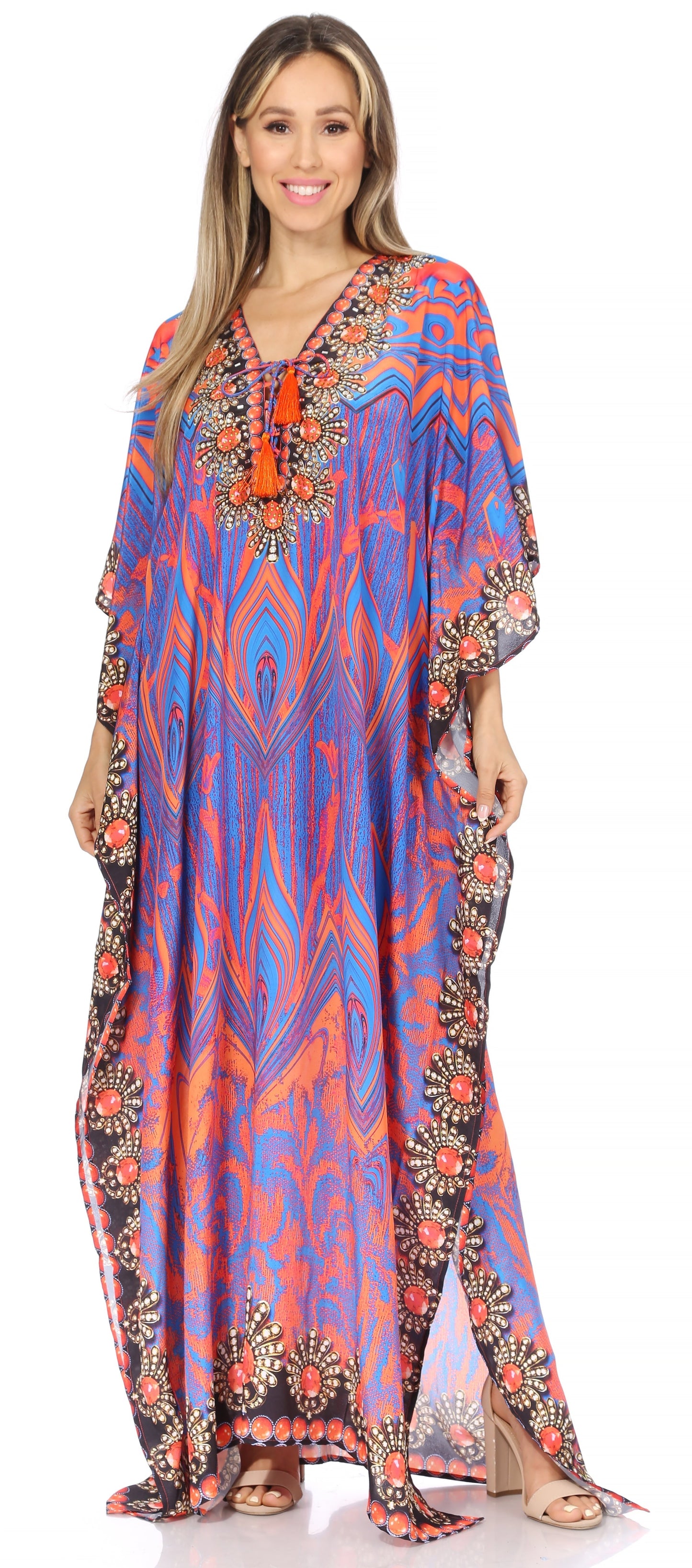Sakkas Georgettina Flowy Rhinestone V Neck Long Caftan Dress/Cover Up - Concordia Style Boutique