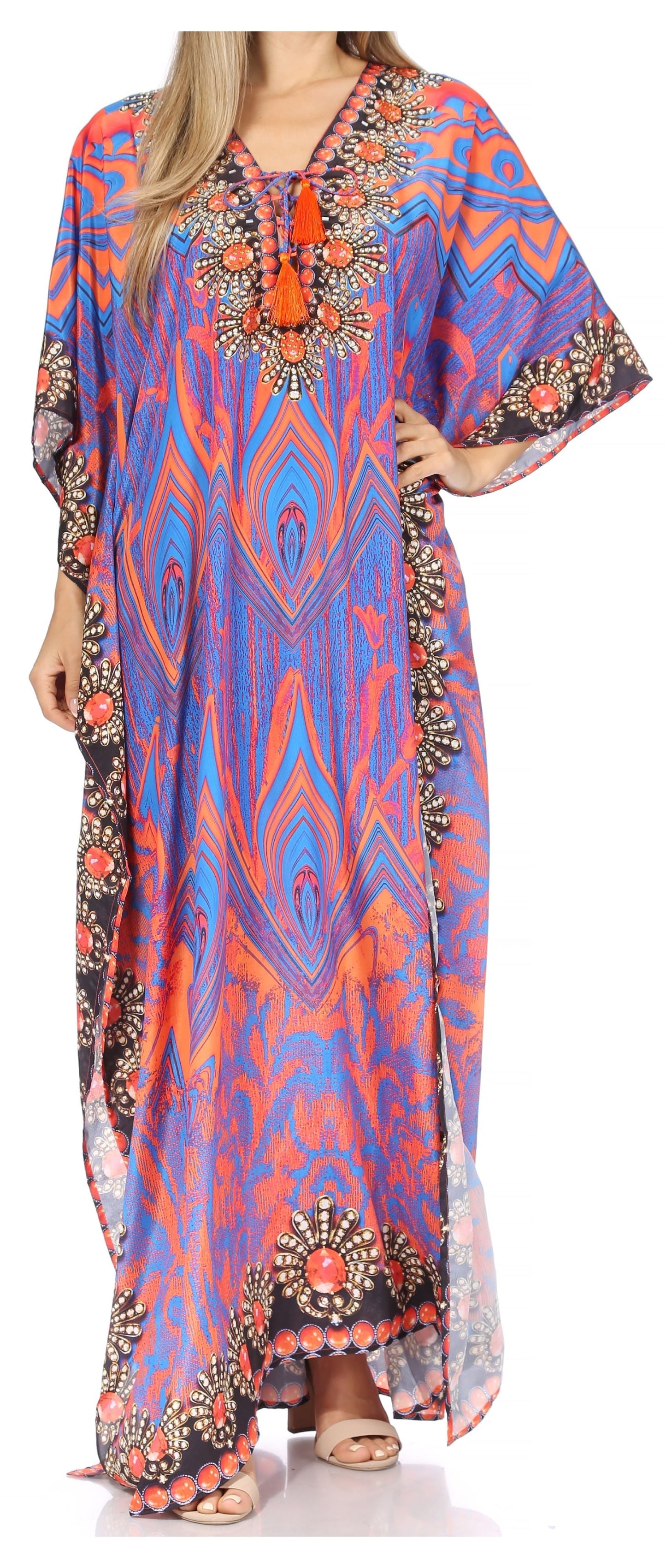 Sakkas Georgettina Flowy Rhinestone V Neck Long Caftan Dress/Cover Up - Concordia Style Boutique