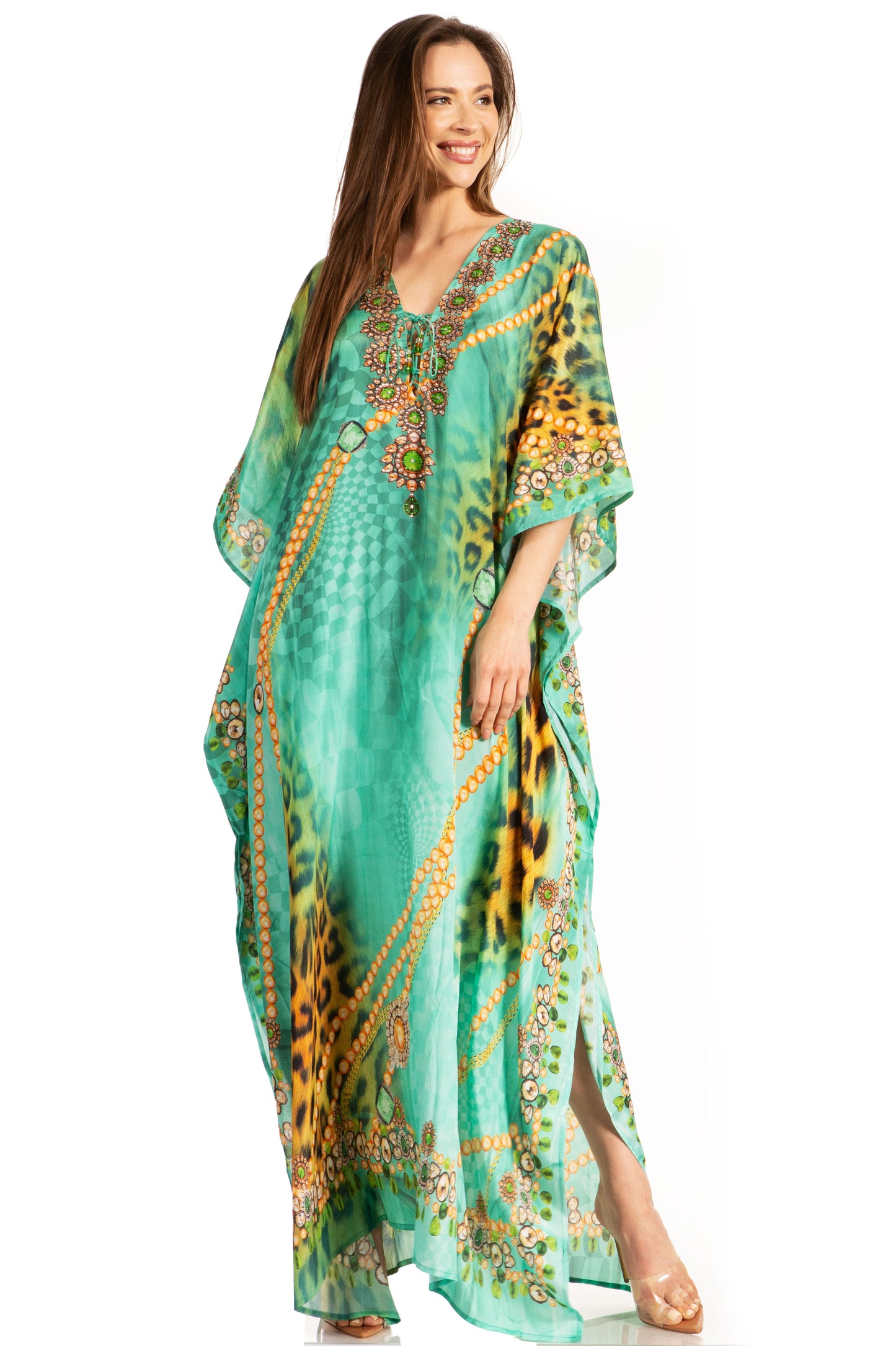 Sakkas Georgettina Flowy Rhinestone V Neck Long Caftan Dress/Cover Up - Concordia Style Boutique