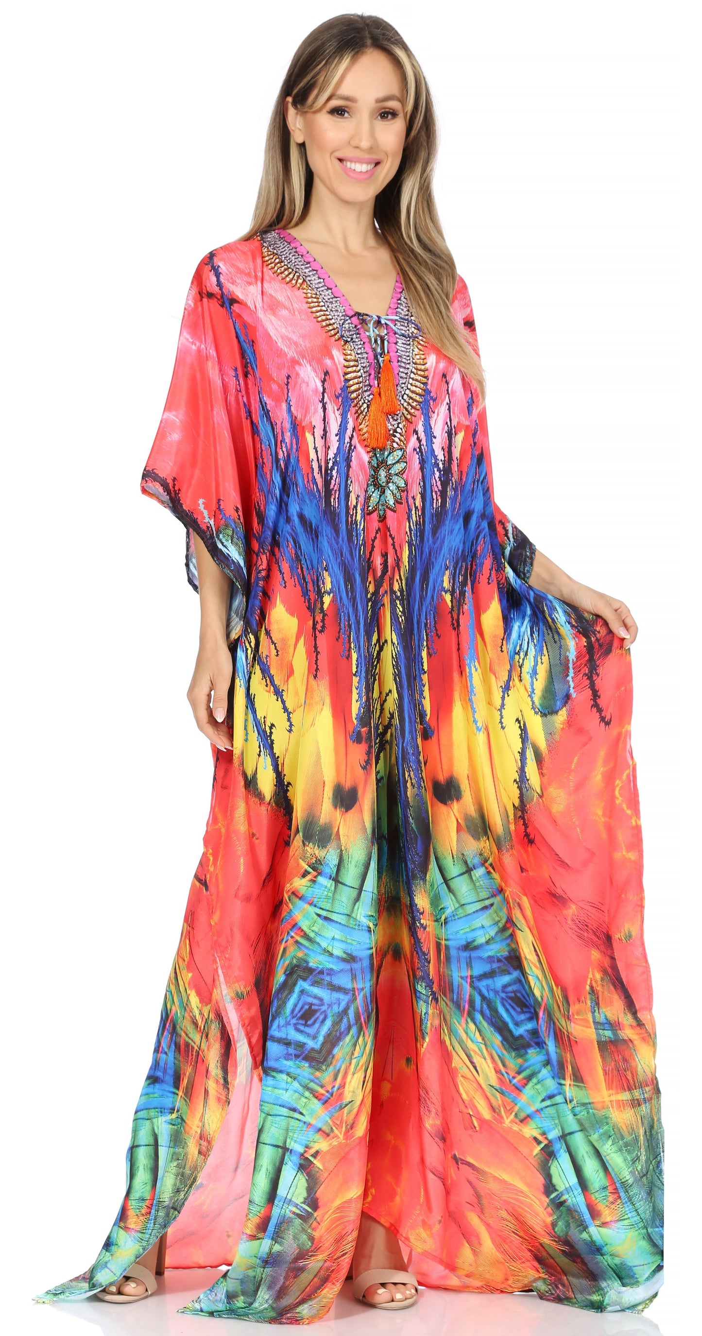 Sakkas Georgettina Flowy Rhinestone V Neck Long Caftan Dress/Cover Up - Concordia Style Boutique