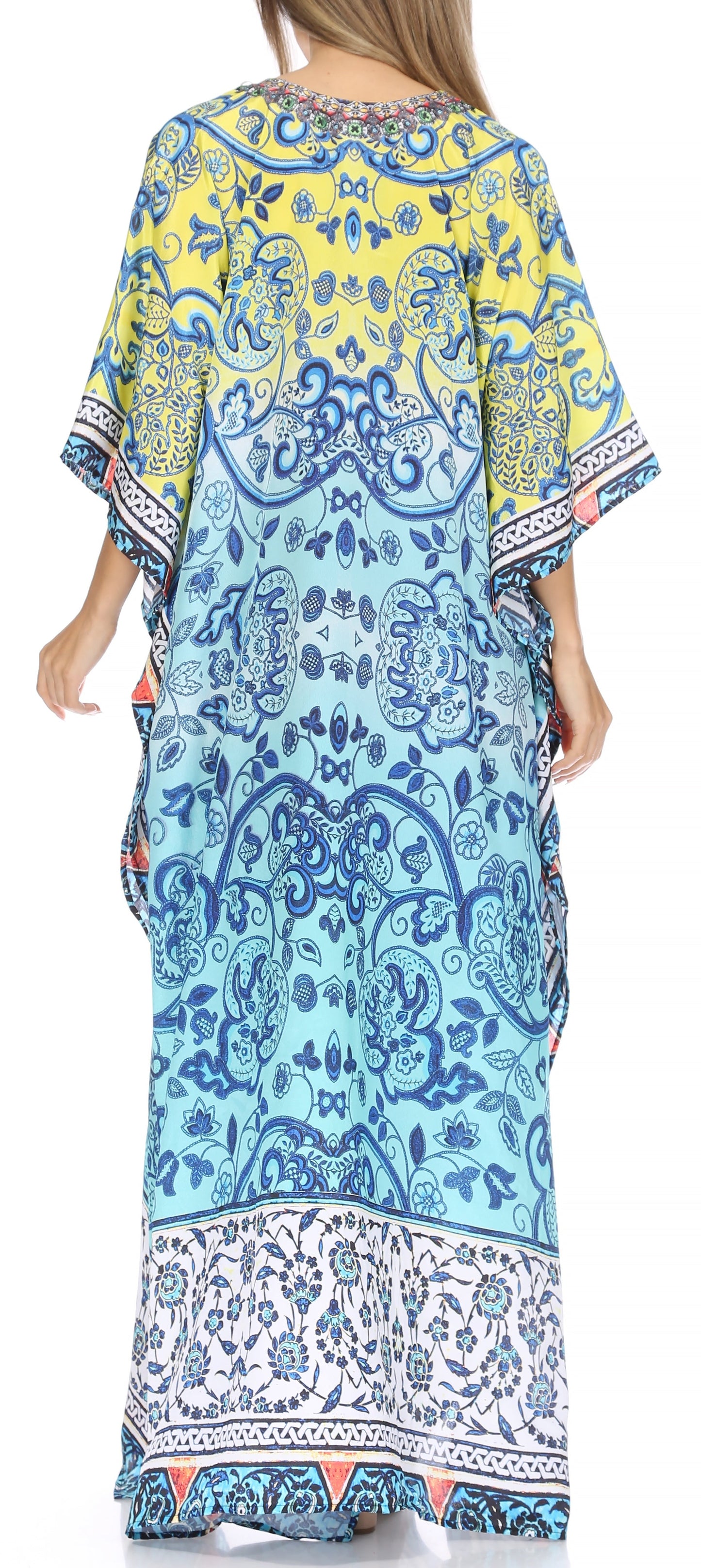 Sakkas Georgettina Flowy Rhinestone V Neck Long Caftan Dress/Cover Up - Concordia Style Boutique