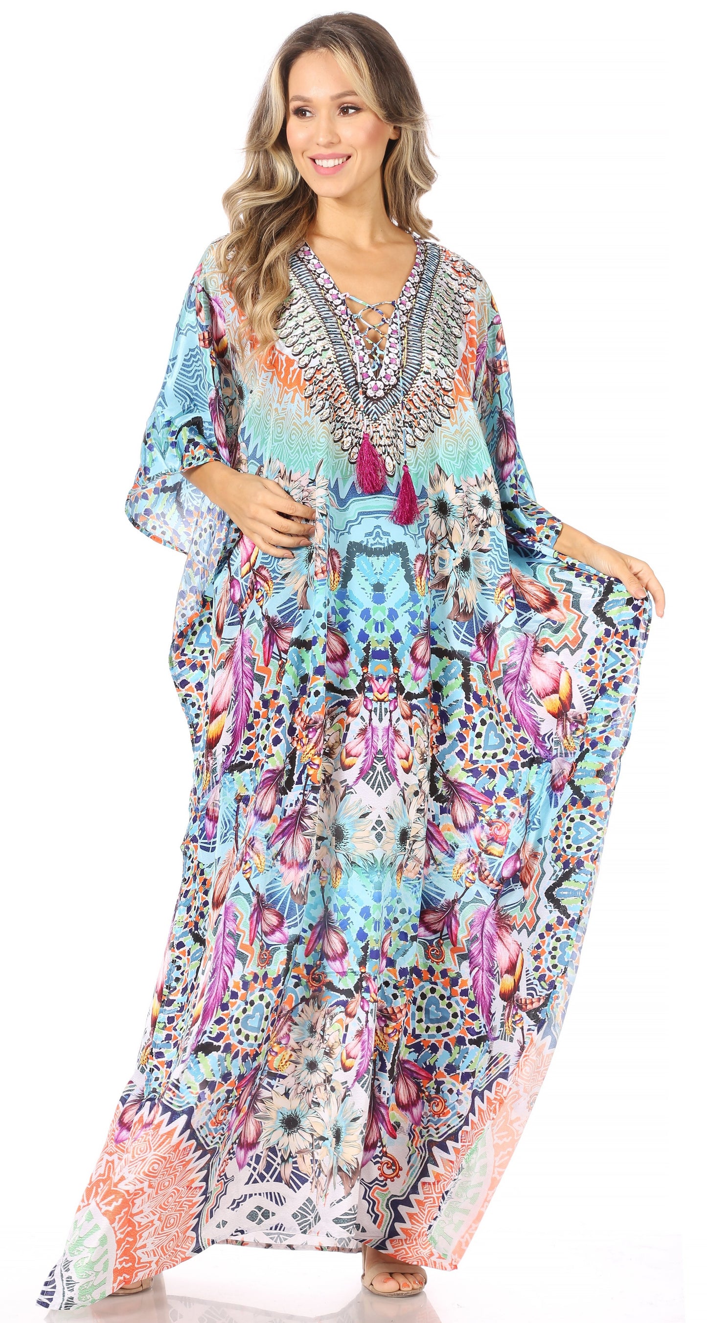 Sakkas Georgettina Flowy Rhinestone V Neck Long Caftan Dress/Cover Up - Concordia Style Boutique