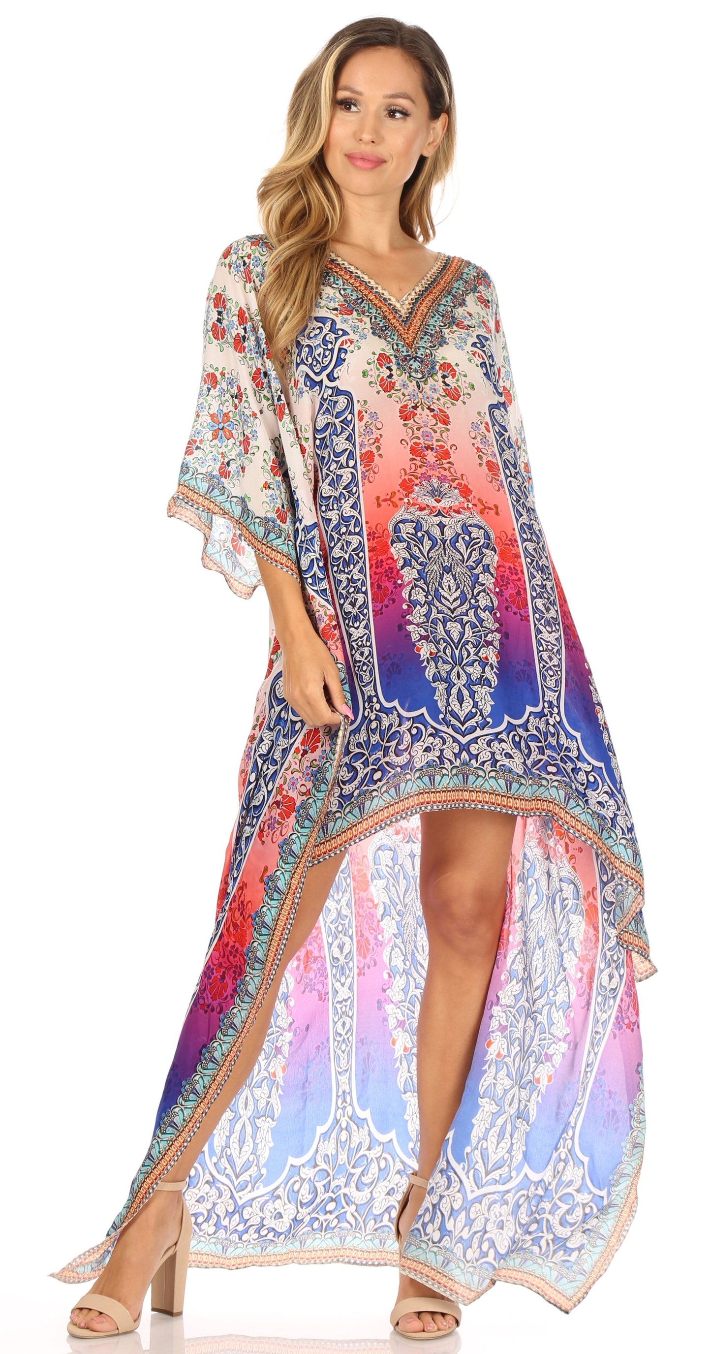 Sakkas Laisson Flowy Hi Low Caftan Rhinestone Boxy V Neck Dress Top Cover / Up - Concordia Style Boutique