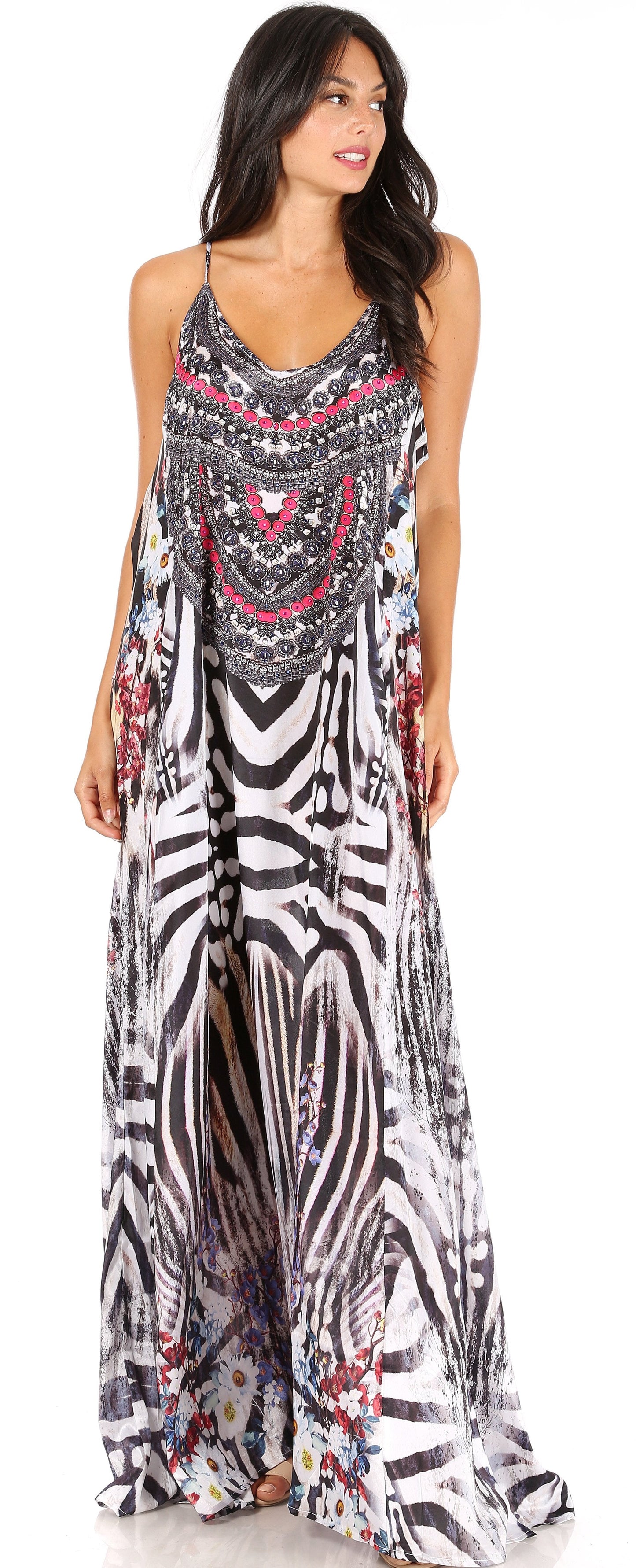 Sakkas Sofia Women's Spaghetti Strap V-neck Floral Print Summer Casual Maxi Dress - Concordia Style Boutique