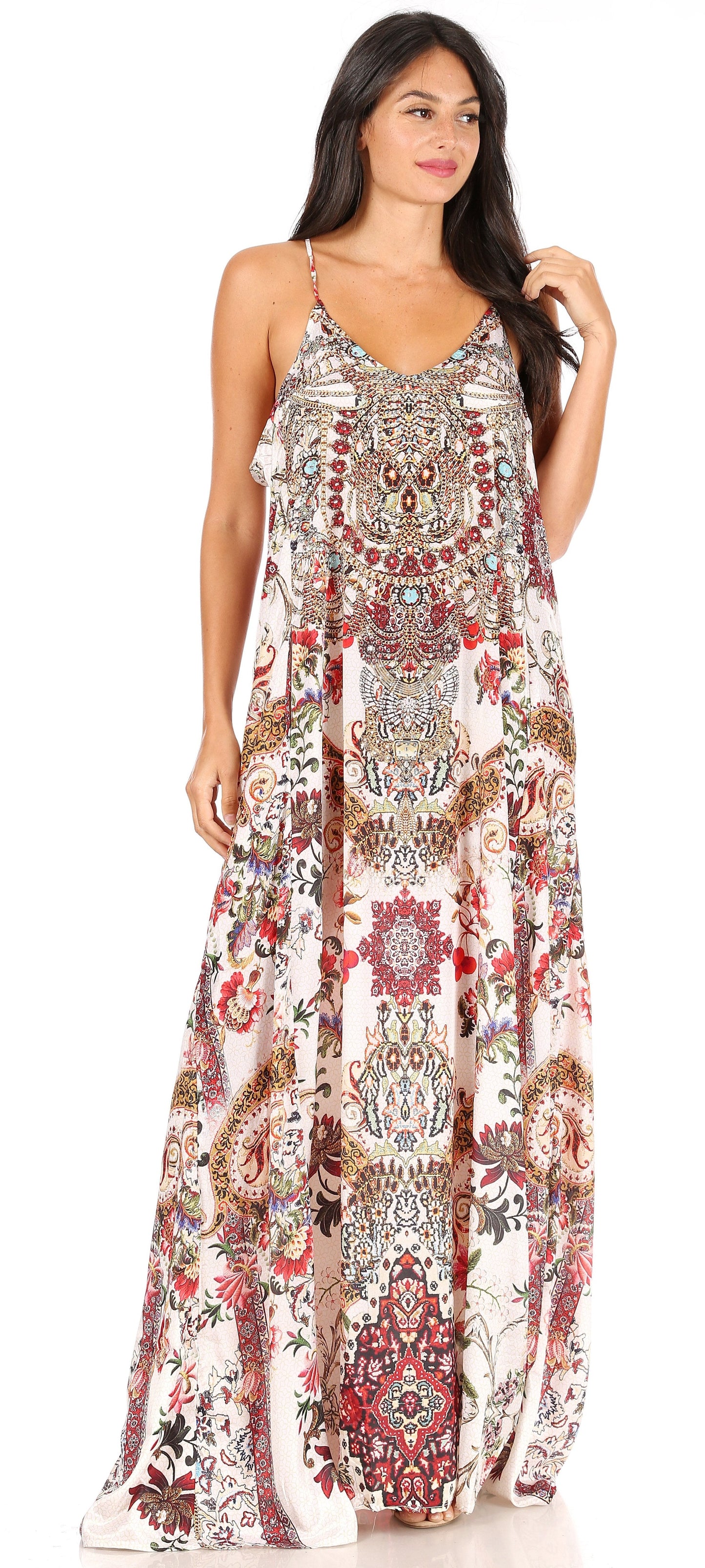 Sakkas Sofia Women's Spaghetti Strap V-neck Floral Print Summer Casual Maxi Dress - Concordia Style Boutique