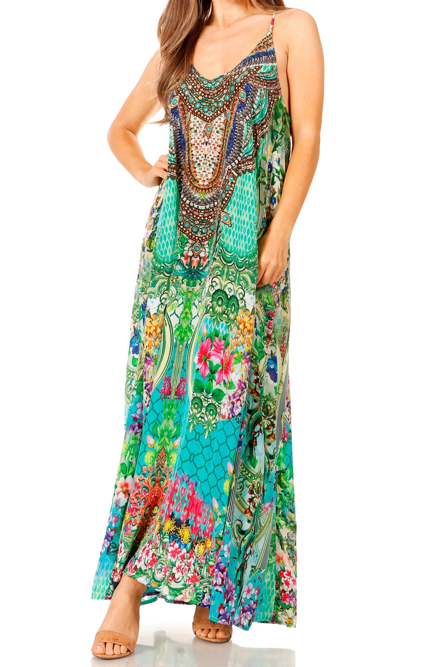 Sakkas Sofia Women's Spaghetti Strap V-neck Floral Print Summer Casual Maxi Dress - Concordia Style Boutique