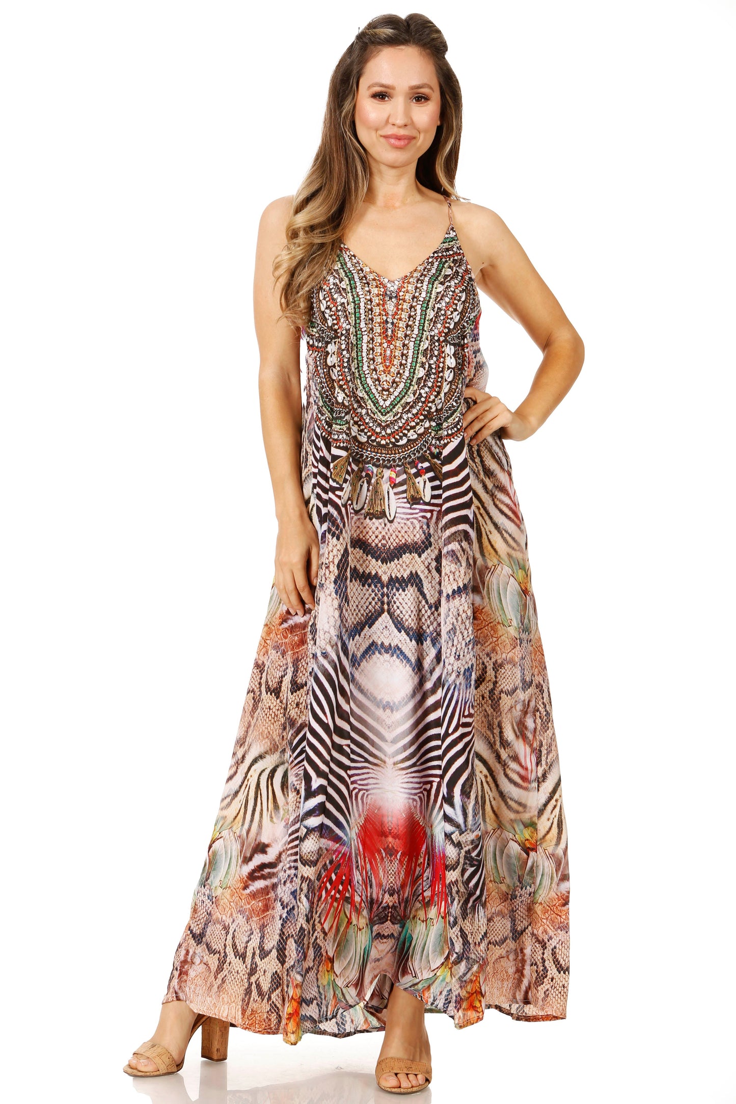Sakkas Sofia Women's Spaghetti Strap V-neck Floral Print Summer Casual Maxi Dress - Concordia Style Boutique