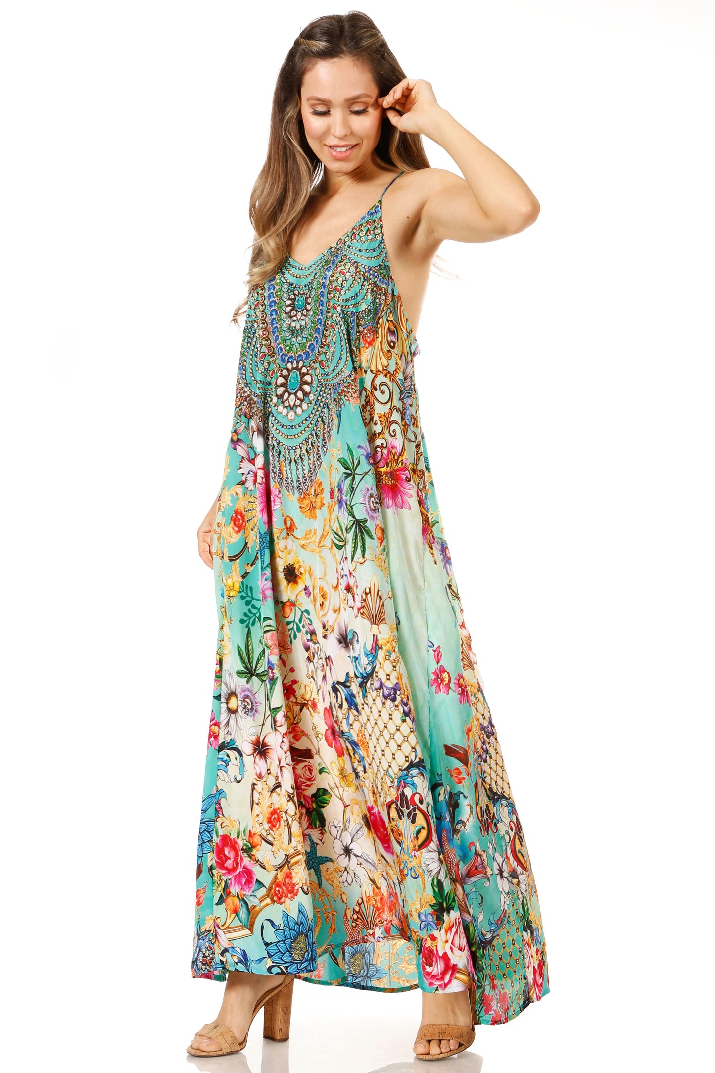 Sakkas Sofia Women's Spaghetti Strap V-neck Floral Print Summer Casual Maxi Dress - Concordia Style Boutique