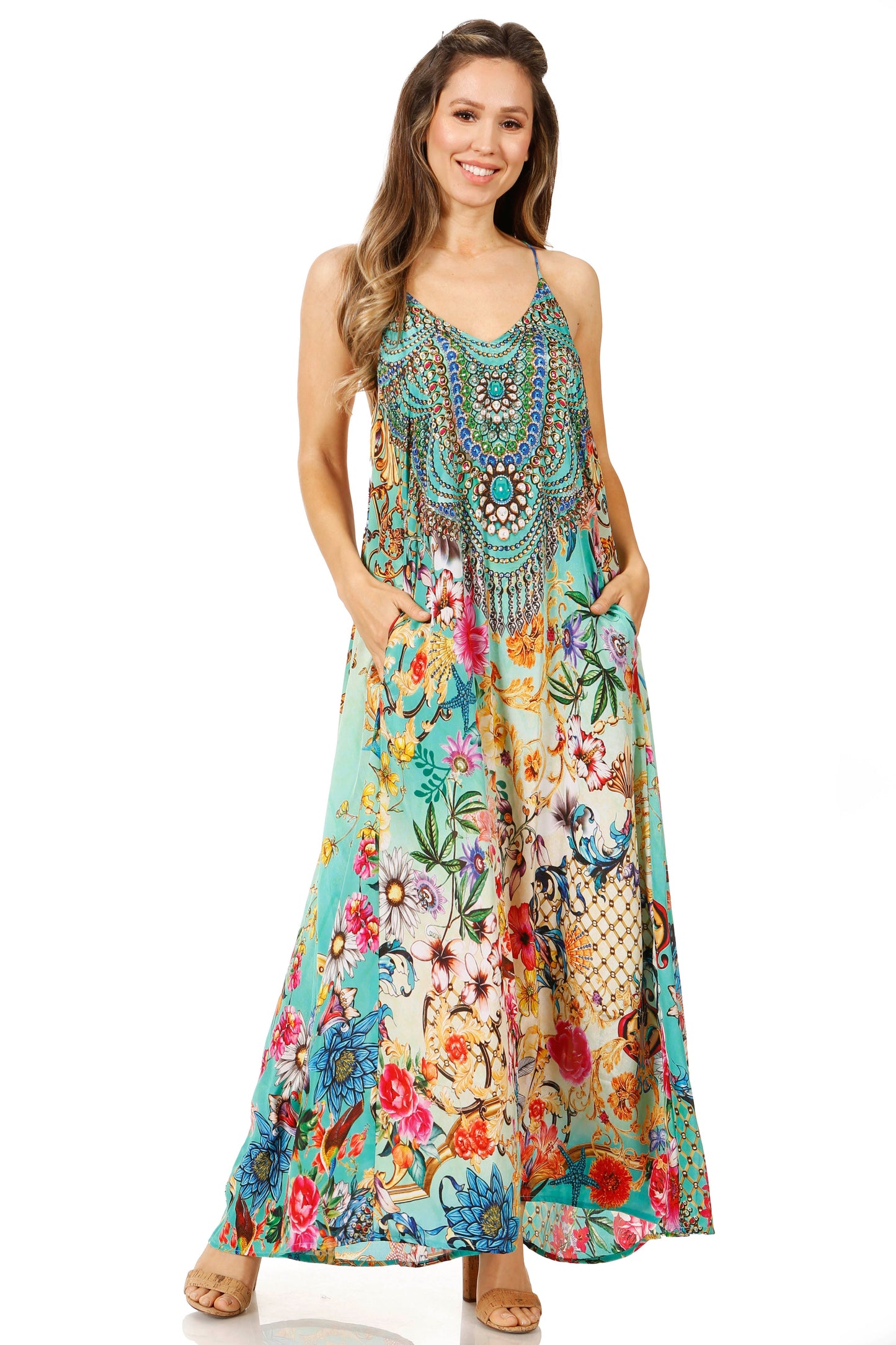 Sakkas Sofia Women's Spaghetti Strap V-neck Floral Print Summer Casual Maxi Dress - Concordia Style Boutique