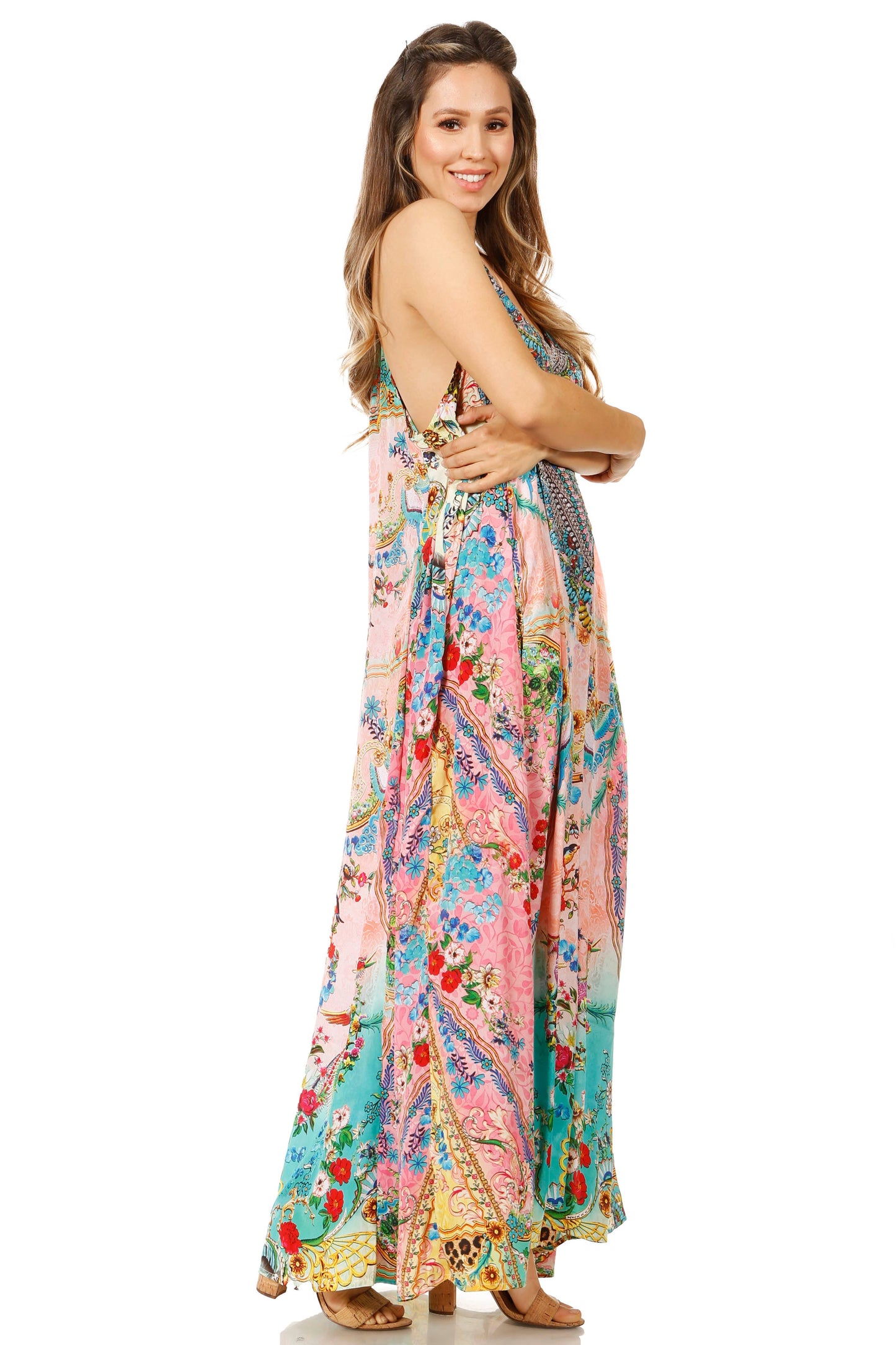 Sakkas Sofia Women's Spaghetti Strap V-neck Floral Print Summer Casual Maxi Dress - Concordia Style Boutique