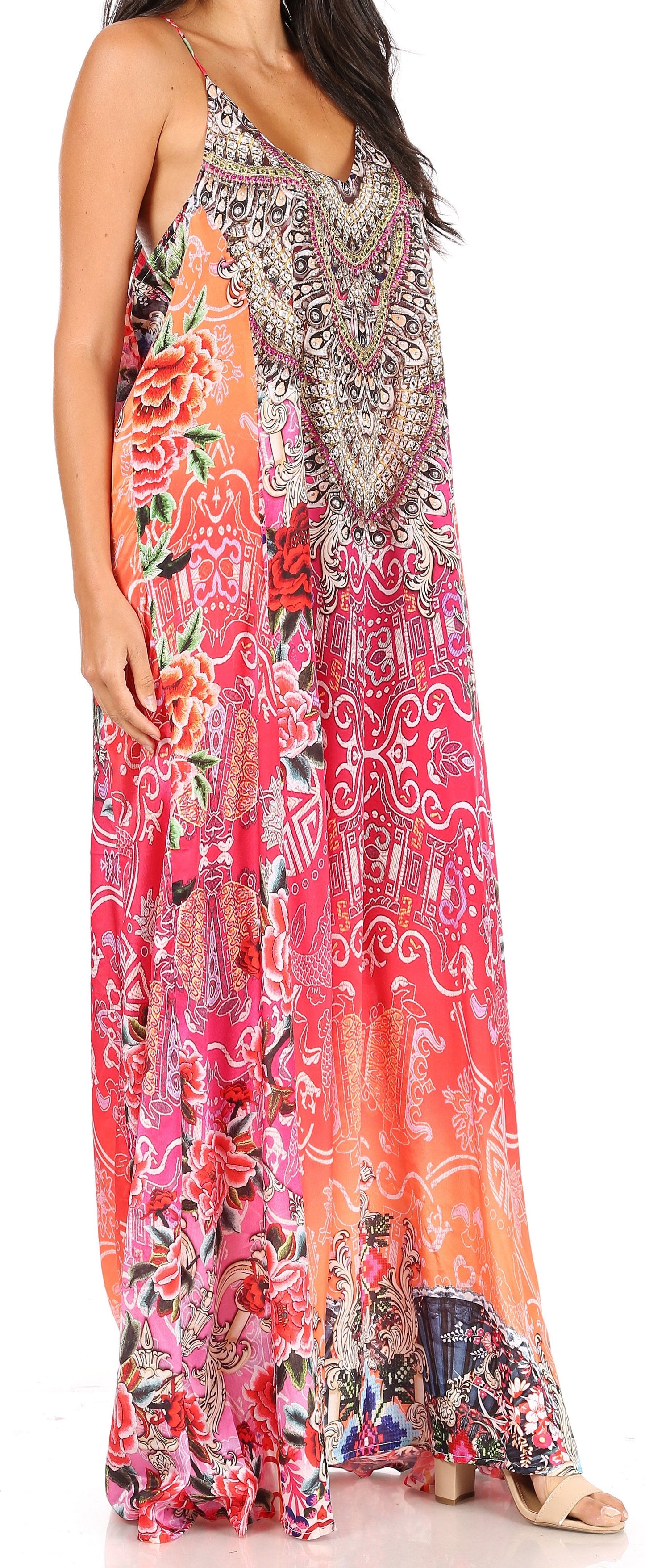 Sakkas Sofia Women's Spaghetti Strap V-neck Floral Print Summer Casual Maxi Dress - Concordia Style Boutique