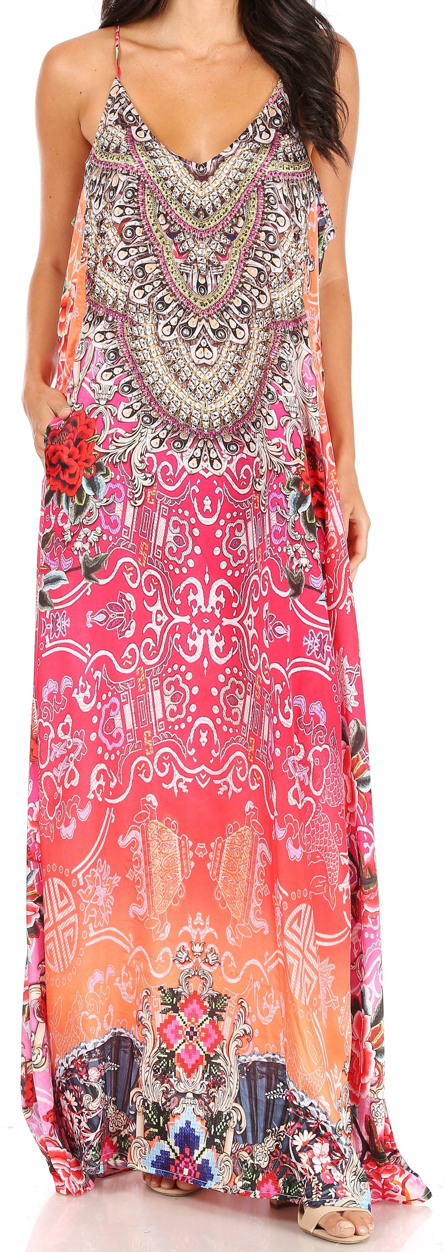 Sakkas Sofia Women's Spaghetti Strap V-neck Floral Print Summer Casual Maxi Dress - Concordia Style Boutique