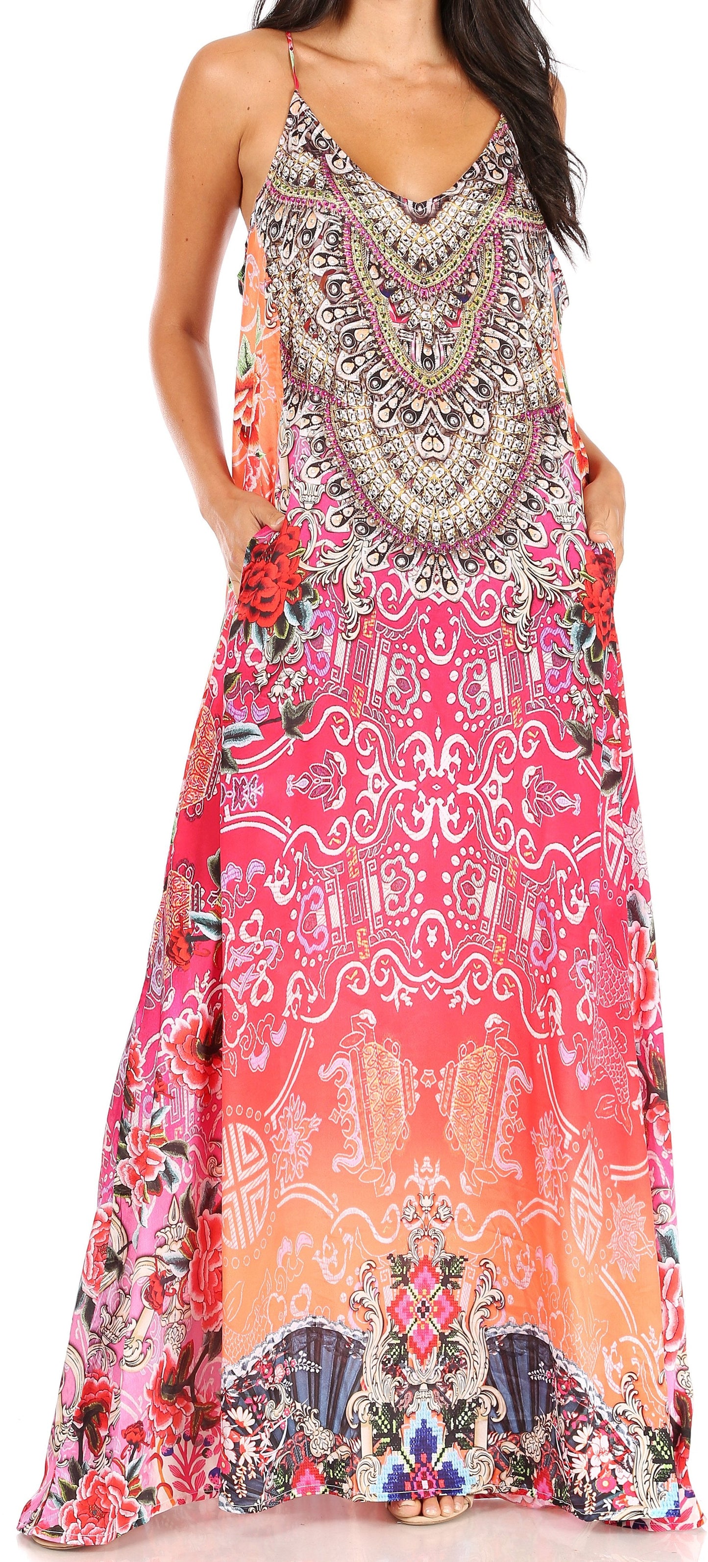 Sakkas Sofia Women's Spaghetti Strap V-neck Floral Print Summer Casual Maxi Dress - Concordia Style Boutique