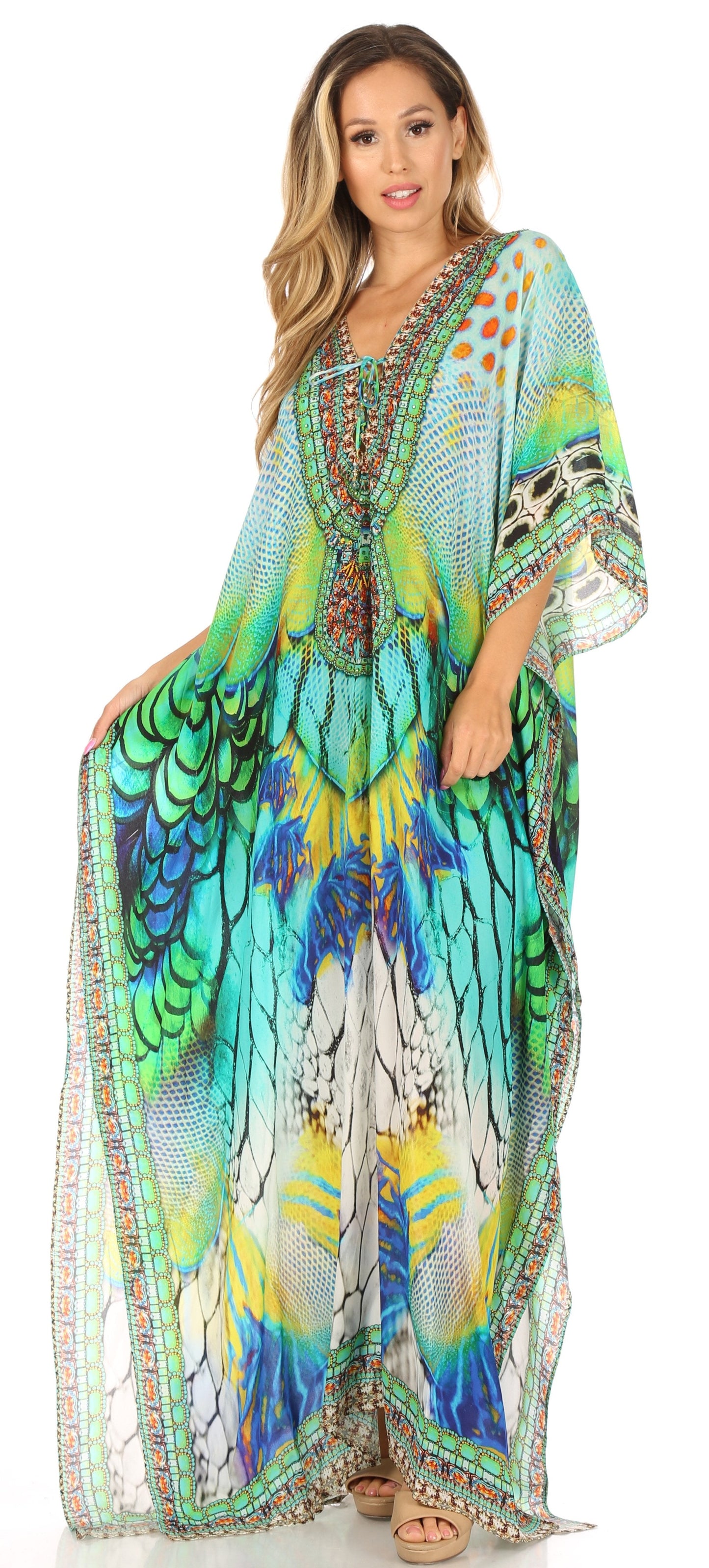 Sakkas Milanna Women's V neck Short Sleeve Vibrant Print Caftan Dress Cover-up - Concordia Style Boutique