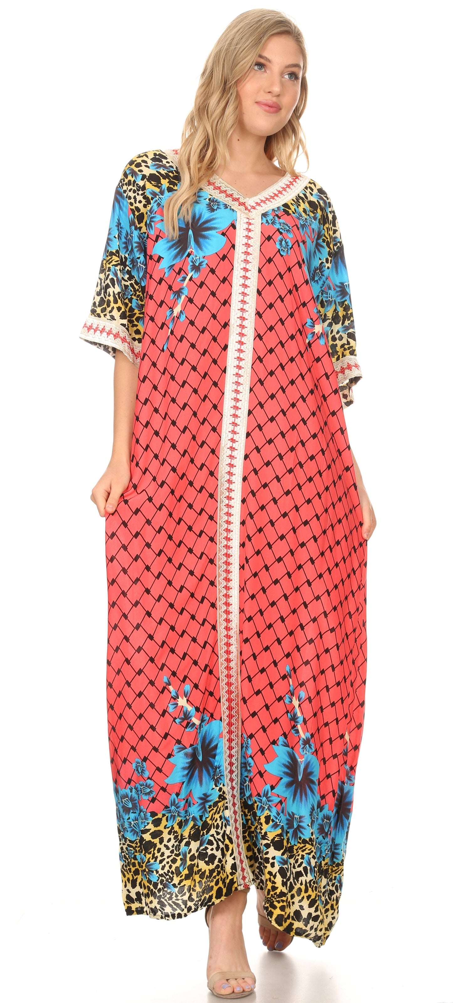 Sakkas Sabra Womens Long Casual Cover-up Tunic Kaftan V neck Dress - Concordia Style Boutique