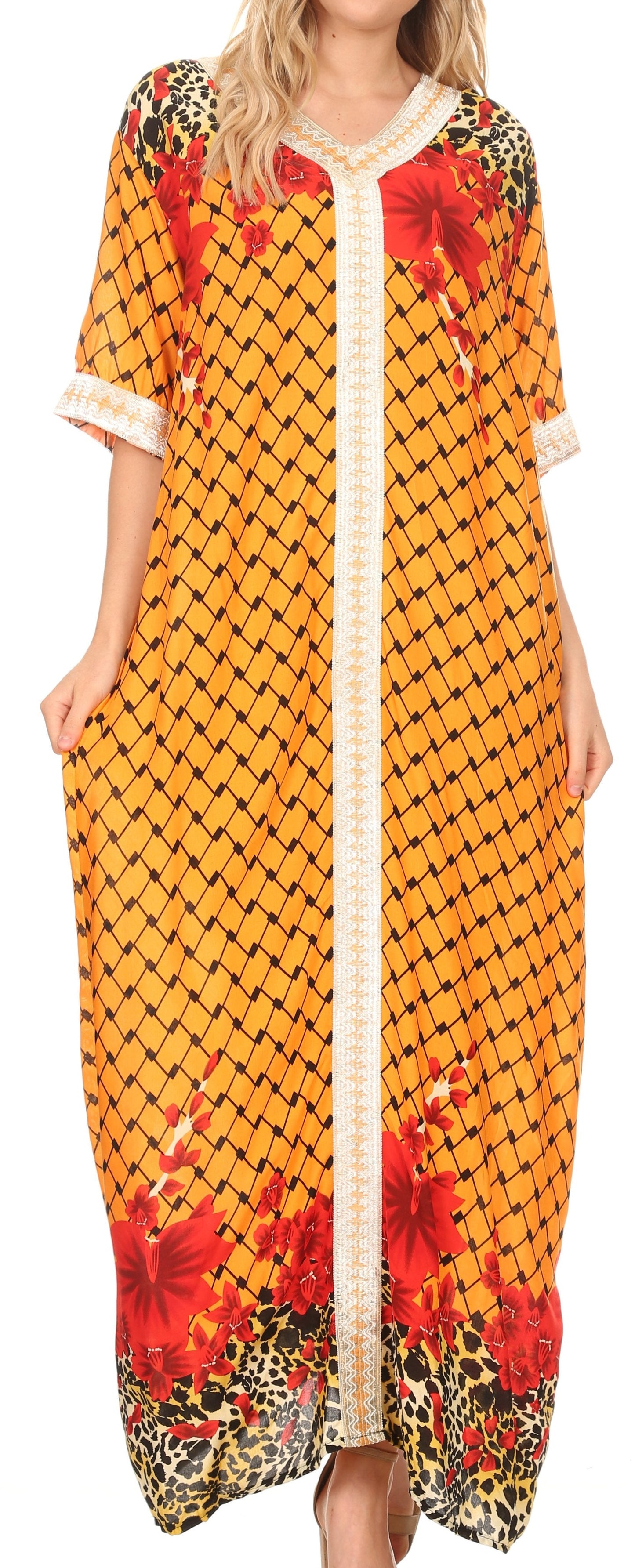 Sakkas Sabra Womens Long Casual Cover-up Tunic Kaftan V neck Dress - Concordia Style Boutique