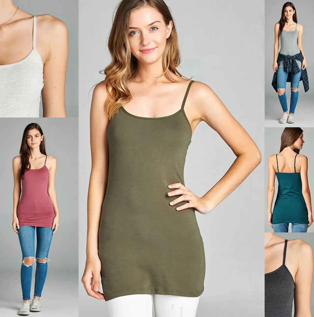 Emmalise Women's Basic Casual Long Camisole Adjustable Strap Cami Layering Top | Black, Oatmeal, Olive - Concordia Style Boutique