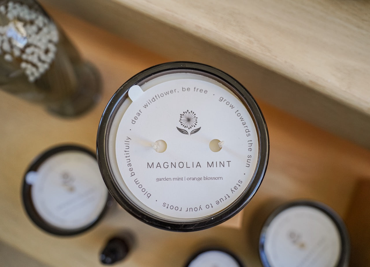 Candle Magnolia Mint Amber Glass: Wild Mint, Orange Blossom, Eucalyptus, Lemon, Mint + Tomato Leaf Scented