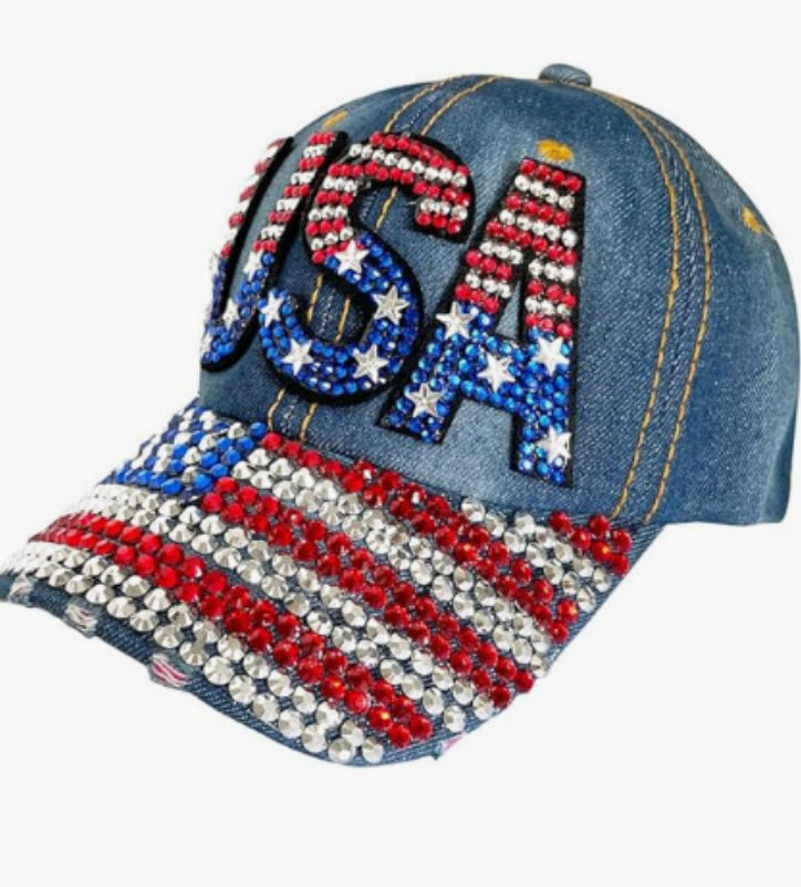 American Flag Baseball Cap - Denim Distressed Rhinestone Design (Navy Blue) - Concordia Style Boutique