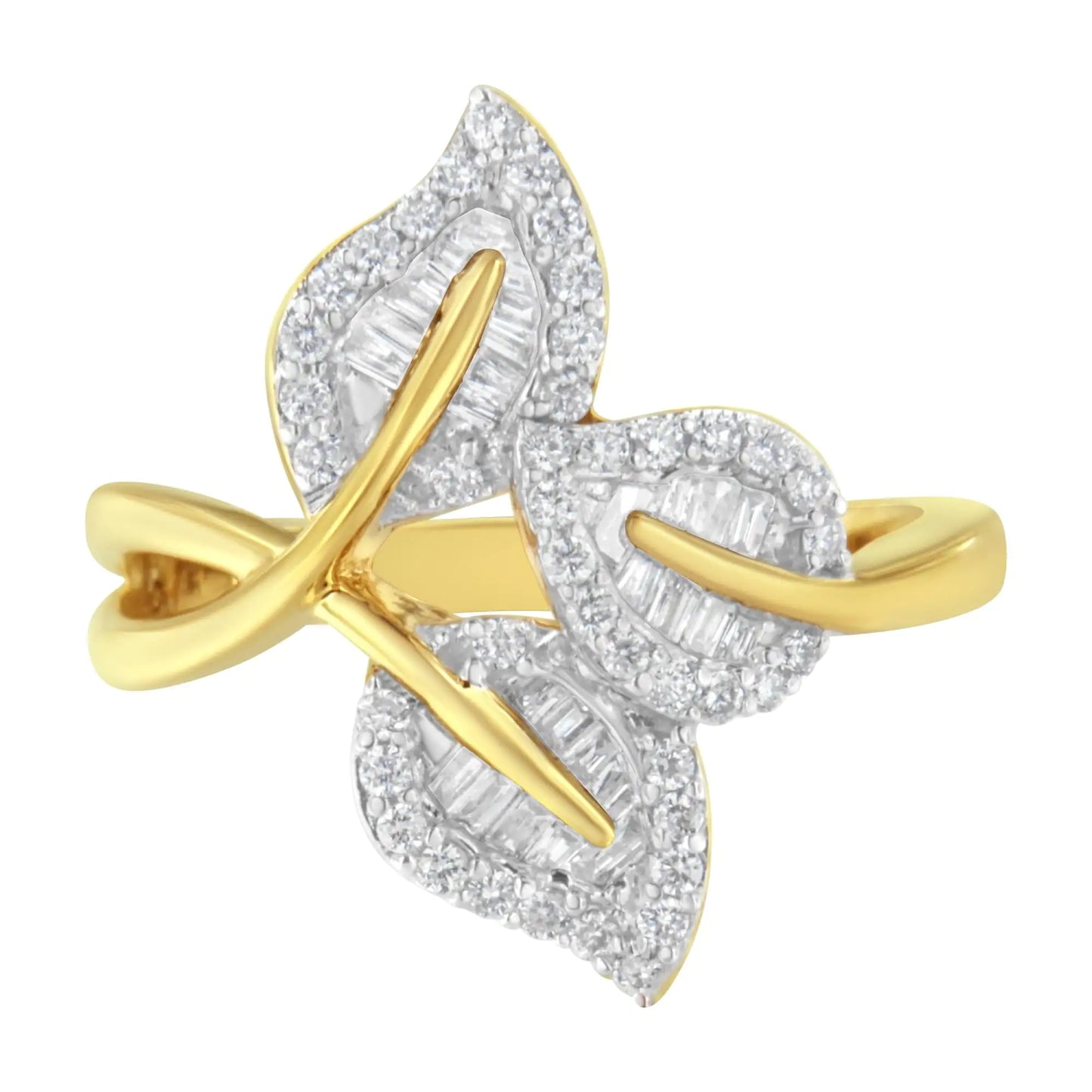 *5 Left* 10k Yellow and White Gold 1/2 Cttw Baguette and Round Diamond Bypass Triple Leaf Ring (I-J Color, I1-I2 Clarity) - Concordia Style Boutique
