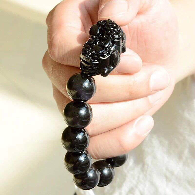 Natural Black Obsidian Carved Pixiu Bracelet - Prosperity & Protection