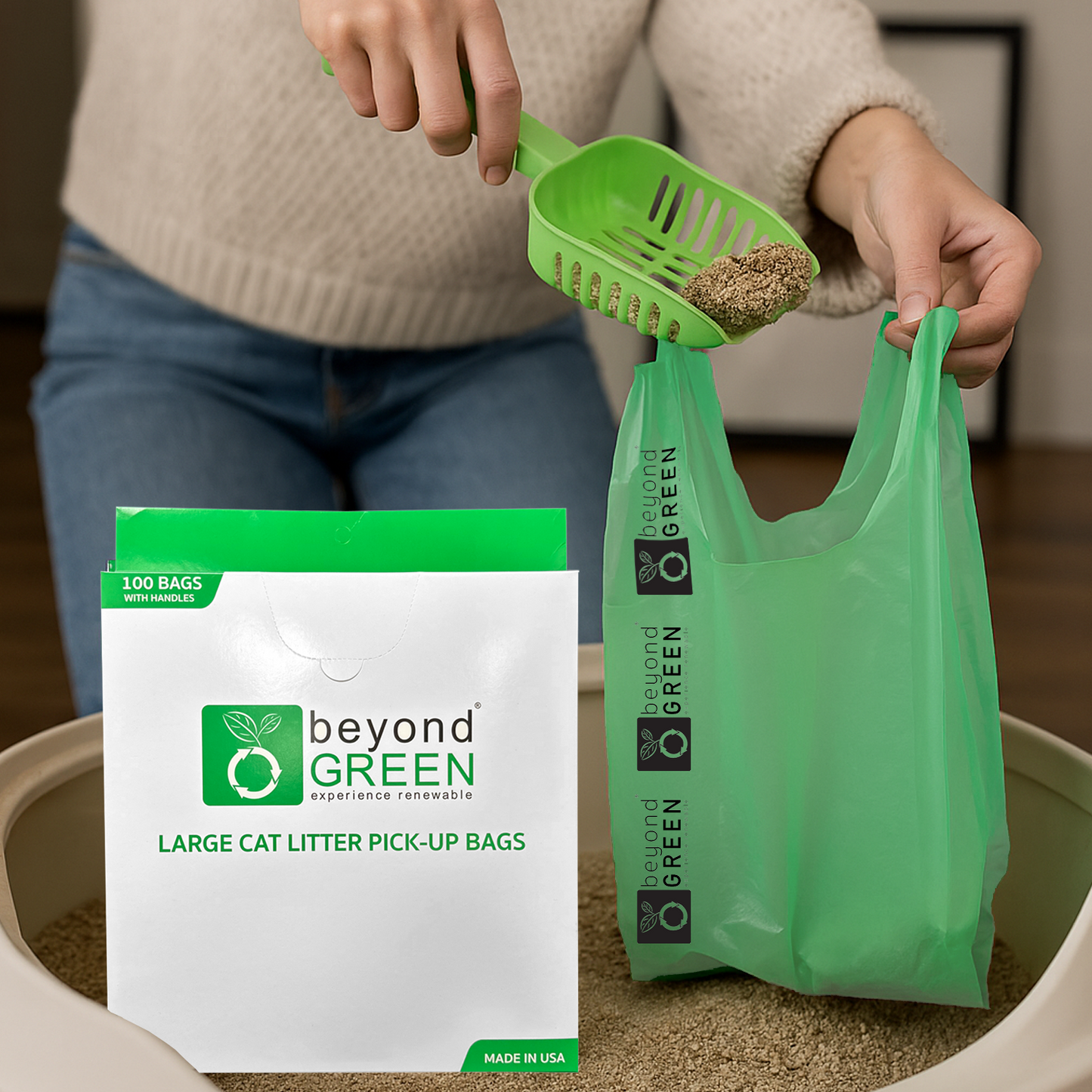 Large Plant-Based Cat Litter Pick-Up Bags with Handles - 100 Bags
