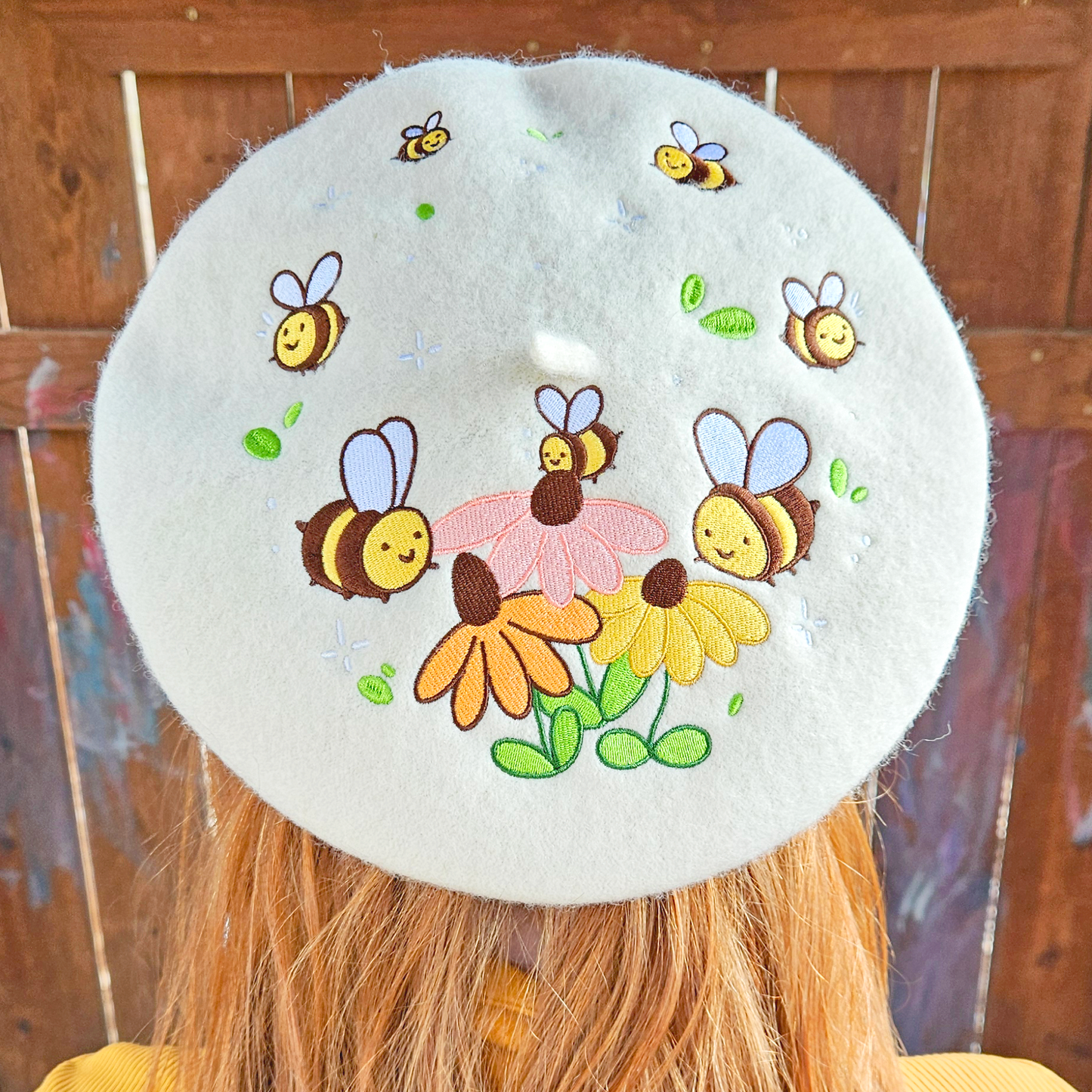 Flowers and Bee Pollinator Garden Embroidered Beret - Concordia Style Boutique